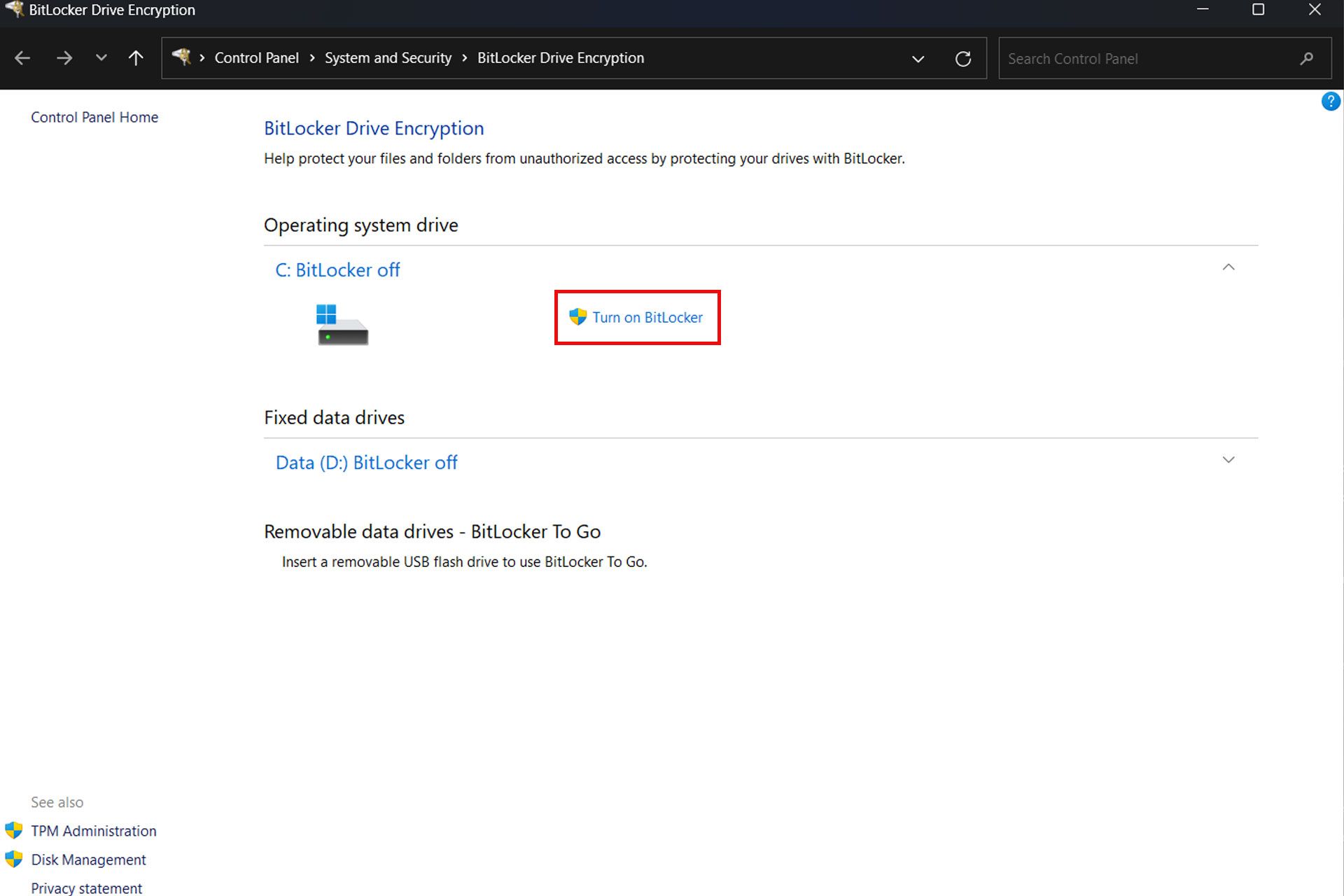 پنجره BitLocker Drive Encription