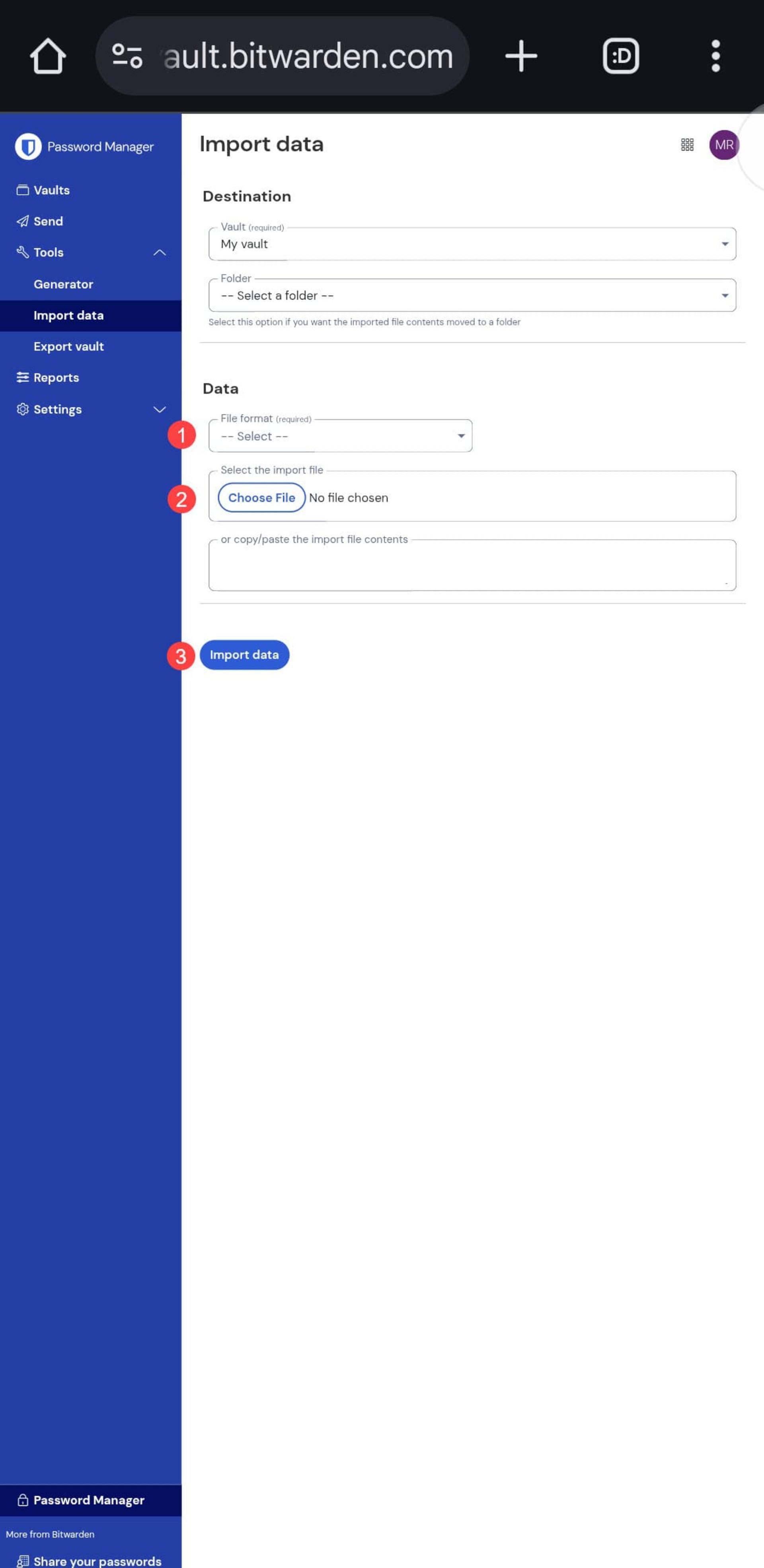 وارد کردن فایل CSV در Bitwarden