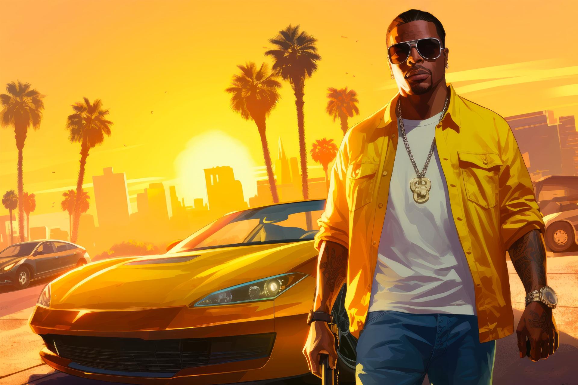 مرد سیاه پوست با لباس و ماشین زرد در بازی GTA V