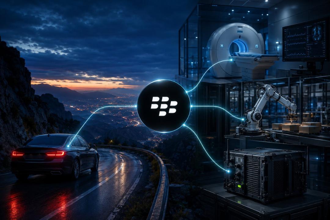 لوگوی بلک‌بری (BlackBerry) در مرکز شبکه‌ای از اتصالات دیجیتال بین خودرو و تجهیزات پزشکی
