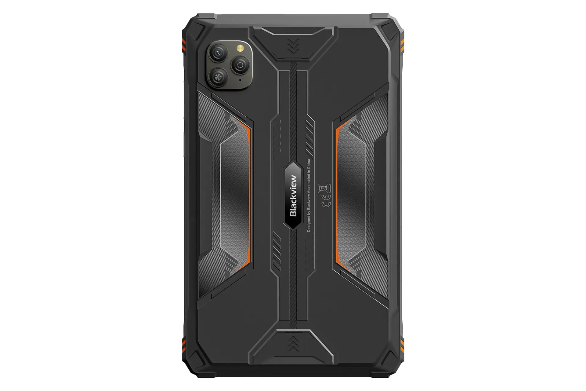 نمای پنل پشت تبلت اکتیو 5 بلک ویو / Blackview Active 5 با نمایش دوربین و لوگوی پنل پشت مشکی نارنجی
