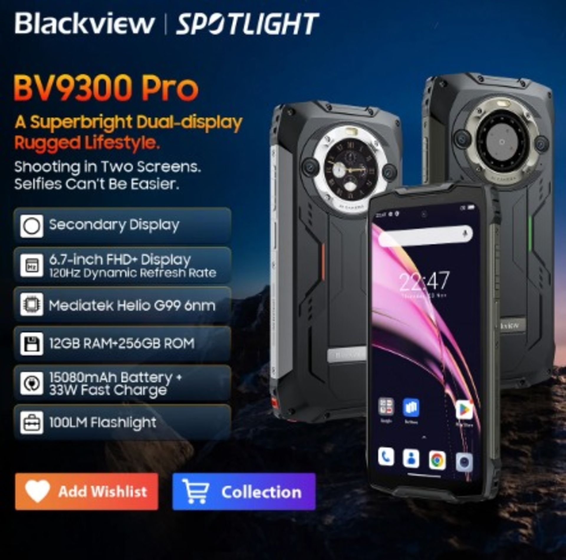 گوشی بلک ویو bv9300 پرو از سه نما همراه با مشخصات نوشته شده