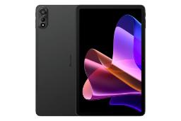 نمای کلی تبلت مگا 2 بلک ویو / Blackview Mega 2 با نمایشگر روشن و نمایش دوربین و لوگوی پنل پشت رنگ خاکستری تیره