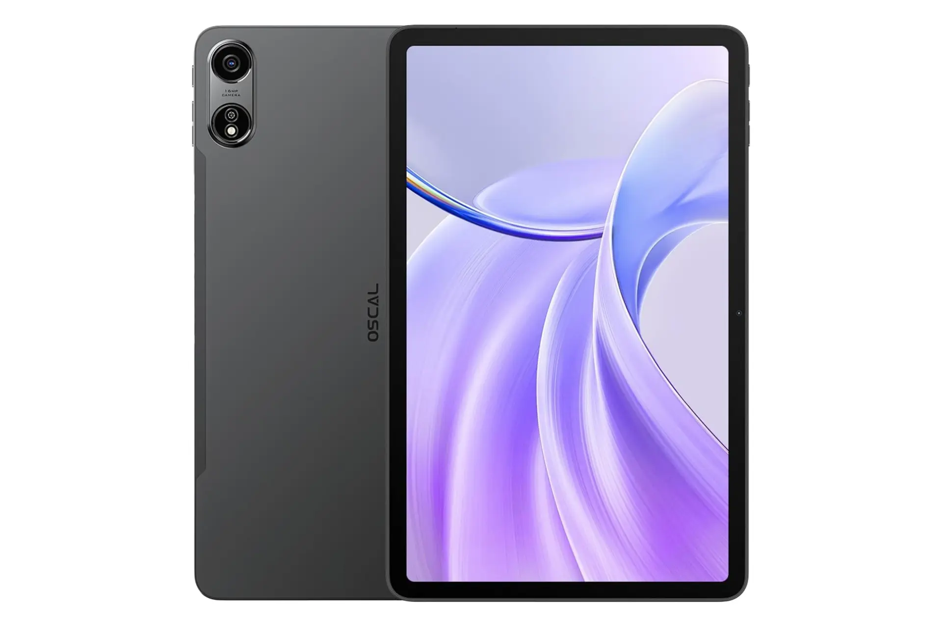 نمای کلی تبلت اسکال پد 100 بلک ویو / Blackview Oscal Pad 100 با نمایشگر روشن و نمایش لوگو و دوربین پنل پشت