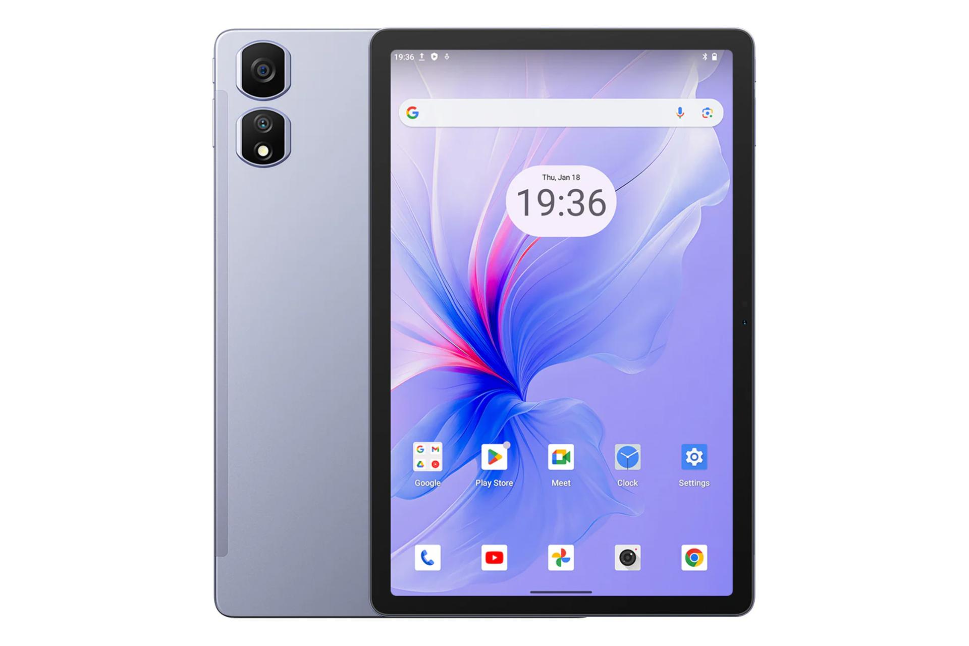نمای کلی تبلت تب 16 پرو بلک ویو / Blackview Tab 16 Pro با نمایشگر روشن و نمایش دوربین های پنل پشت رنگ بنفش روشن