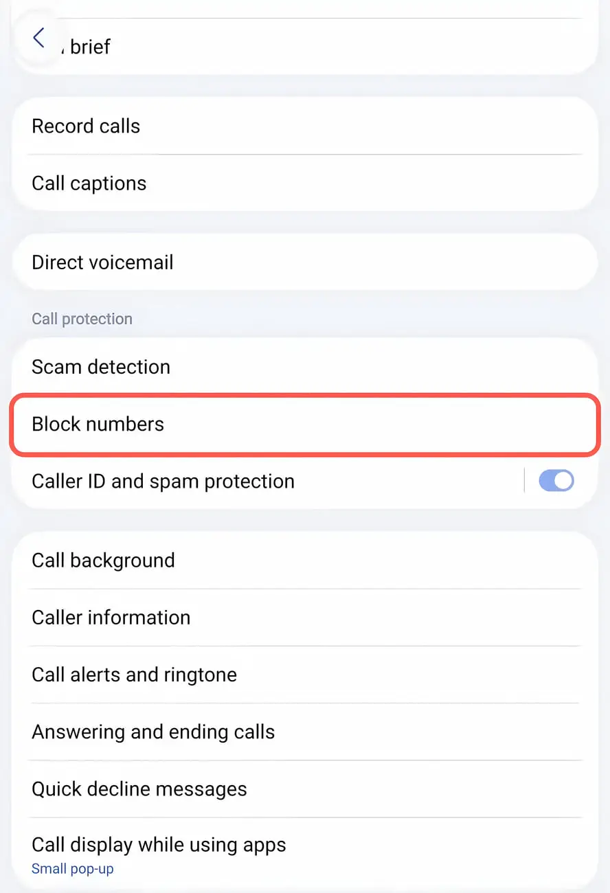 گزینه مسدود کردن شماره‌ها (Block numbers) در تنظیمات تماس اندروید