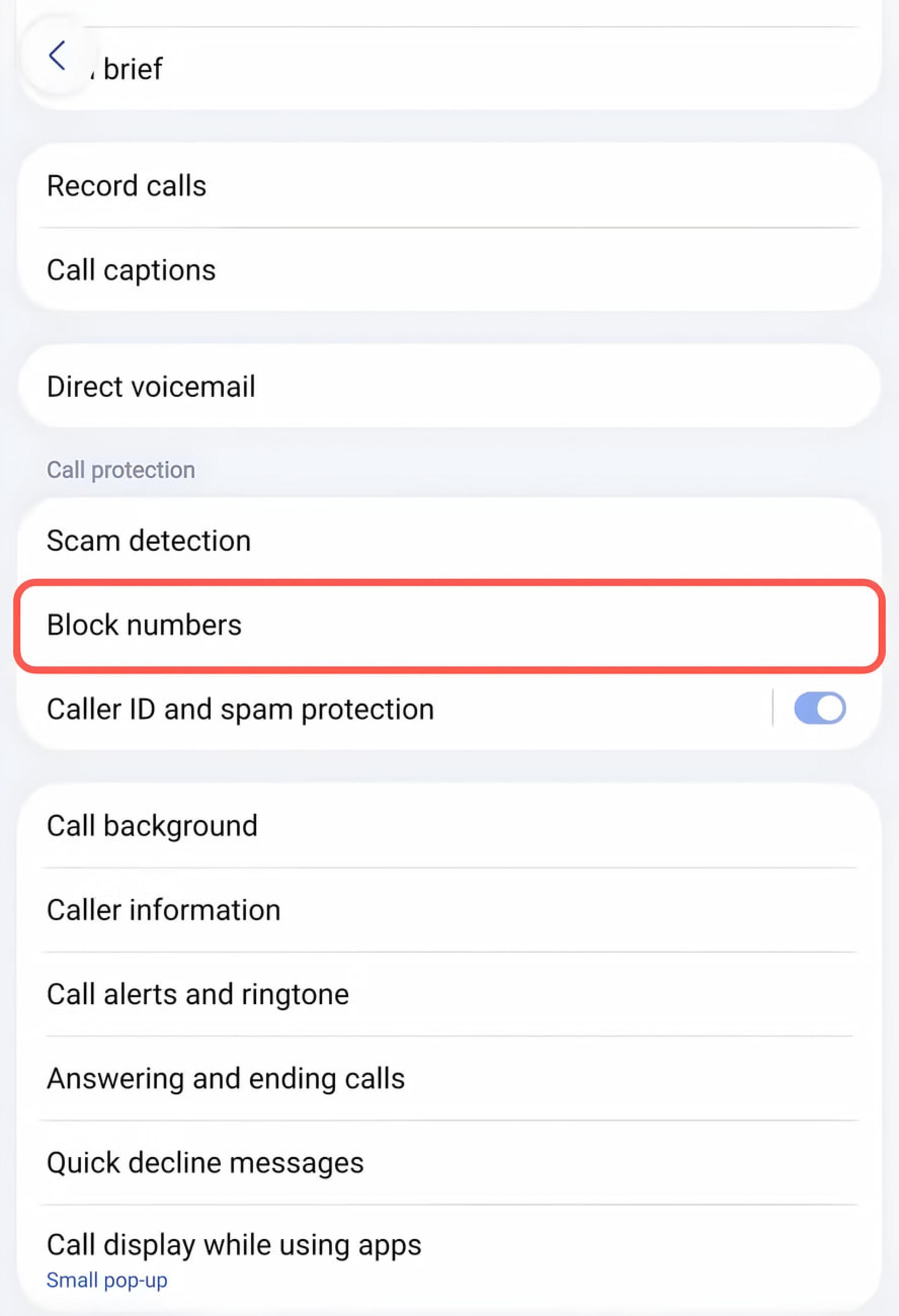 گزینه مسدود کردن شمارهها (Block numbers) در تنظیمات تماس اندروید