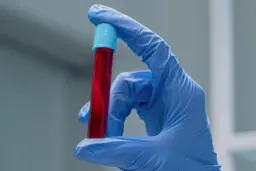 لوله آزمایش حاوی نمونه خون قرمز در دست فردی با دستکش طبی آبی
