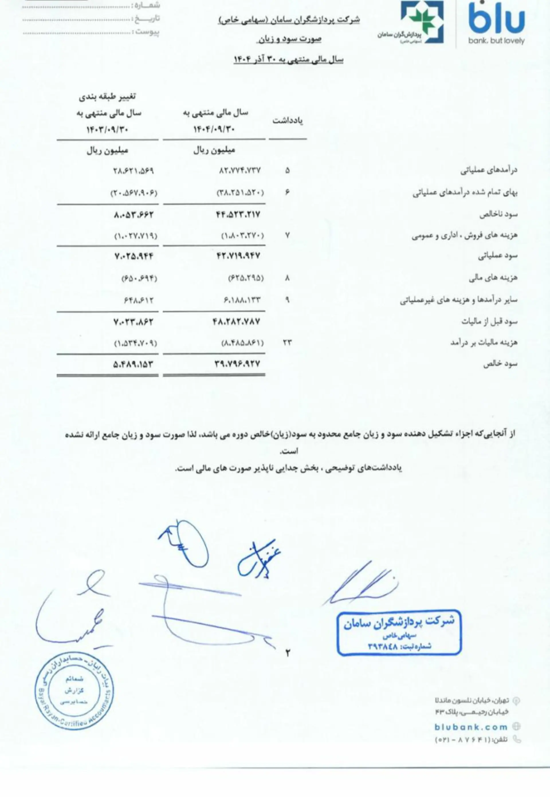 صورت مالی بلوبانک