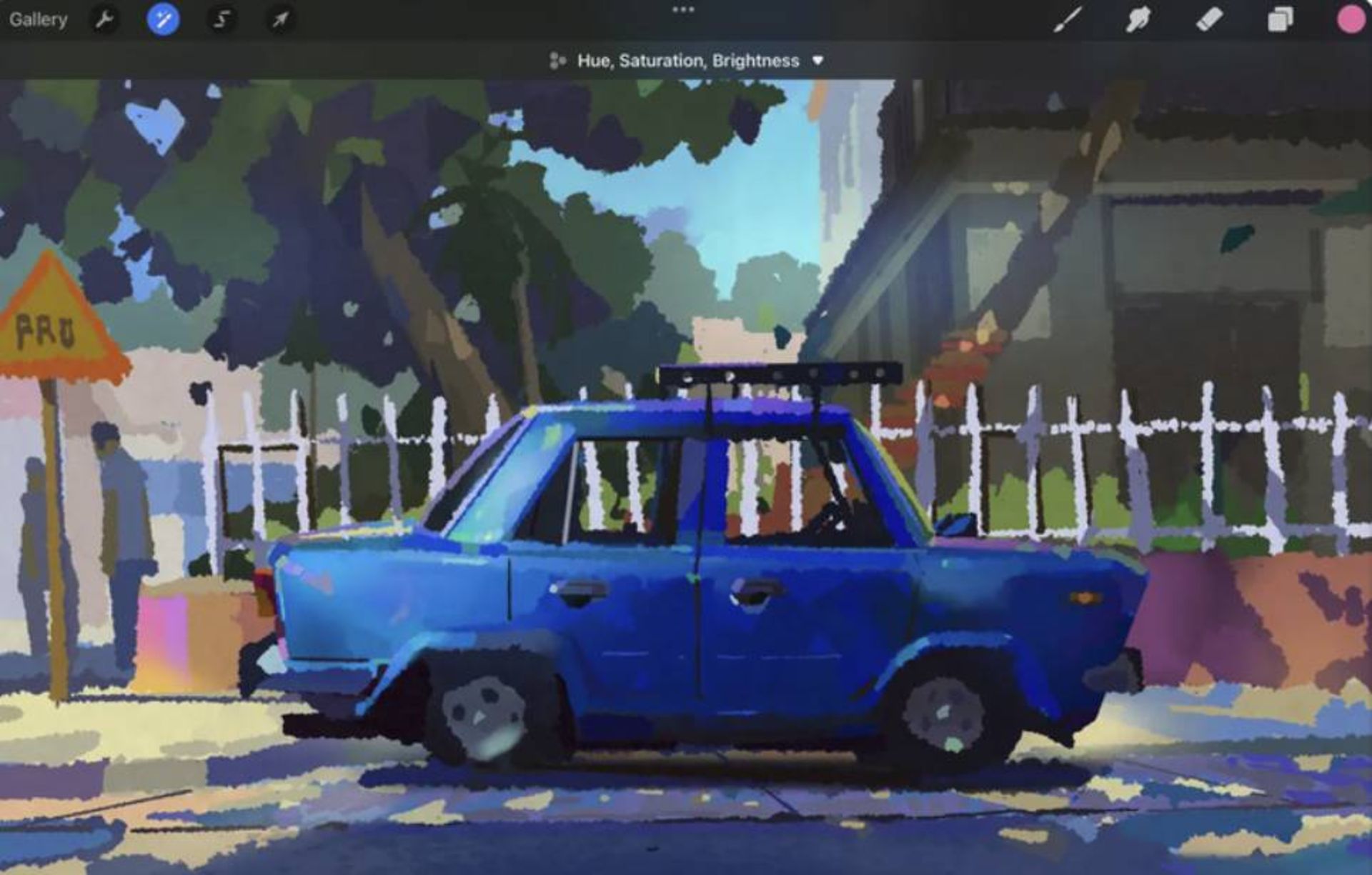 نقاشی ماشین آبی‌رنگ پارک‌شده در خیابان