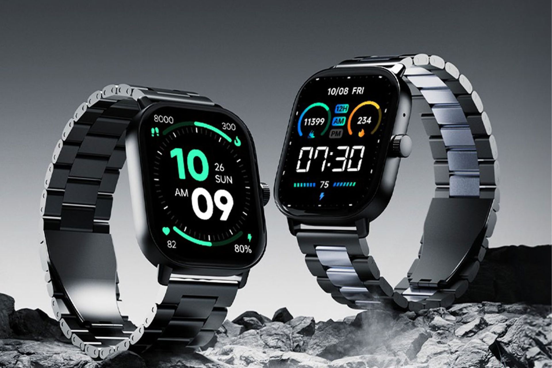 نمای جلوی ساعت هوشمند boAT Wave Spectra در دو رنگ نقره‌ای و مشکی
