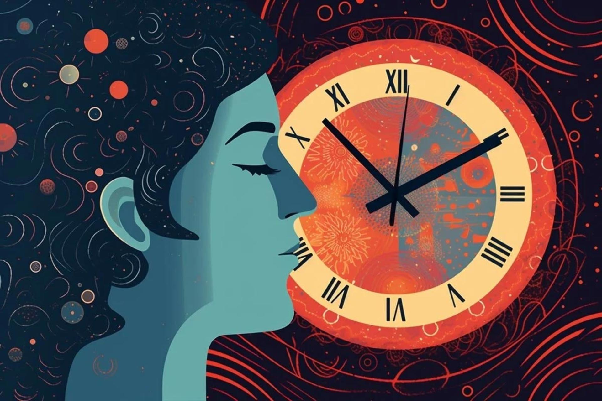 ساعت بدن تصویرسازی نمای صورت یک زن مقابل ساعت