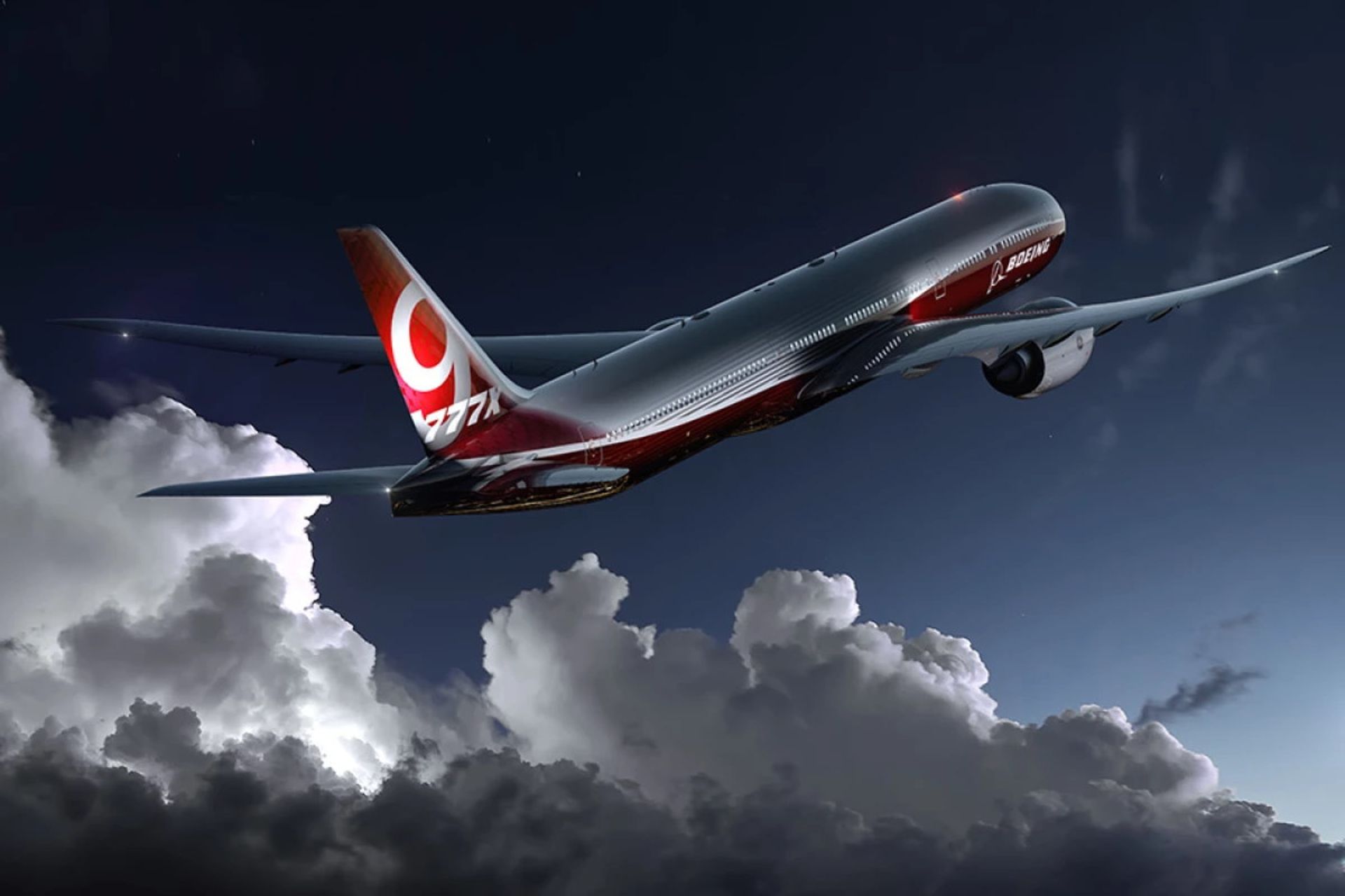 هواپیمای بویینگ ۷۷۷ ایکس (Boeing 777X) در حال پرواز در شب