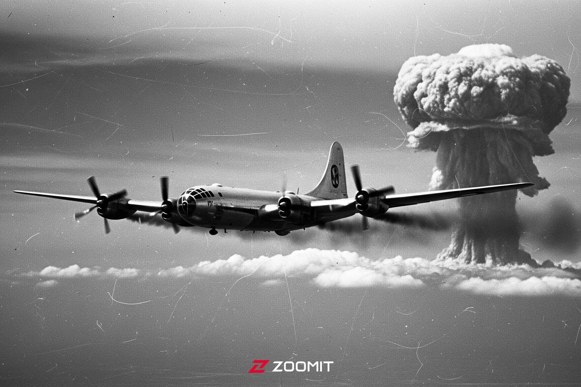 تصویرسازی از هواپیمای بوئینگ بی-۲۹ سوپرفورترس در پس‌زمینه قارچ انفجار اتمی