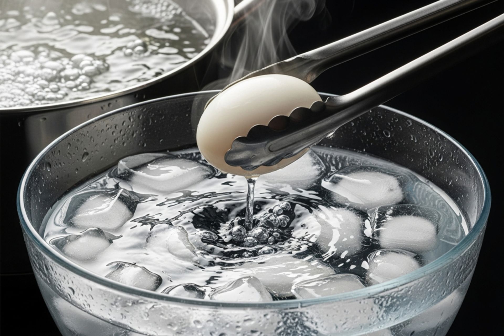 تخممرغ آبپز در حال خنک شدن در کاسه آب یخ