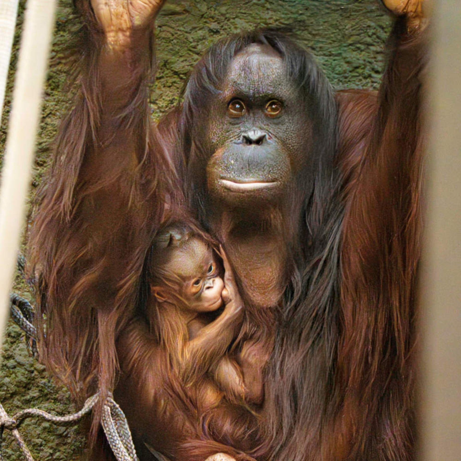 مادر و نوزاد اورانگوتان بورنئویی در باغ وحش چستر بریتانیا