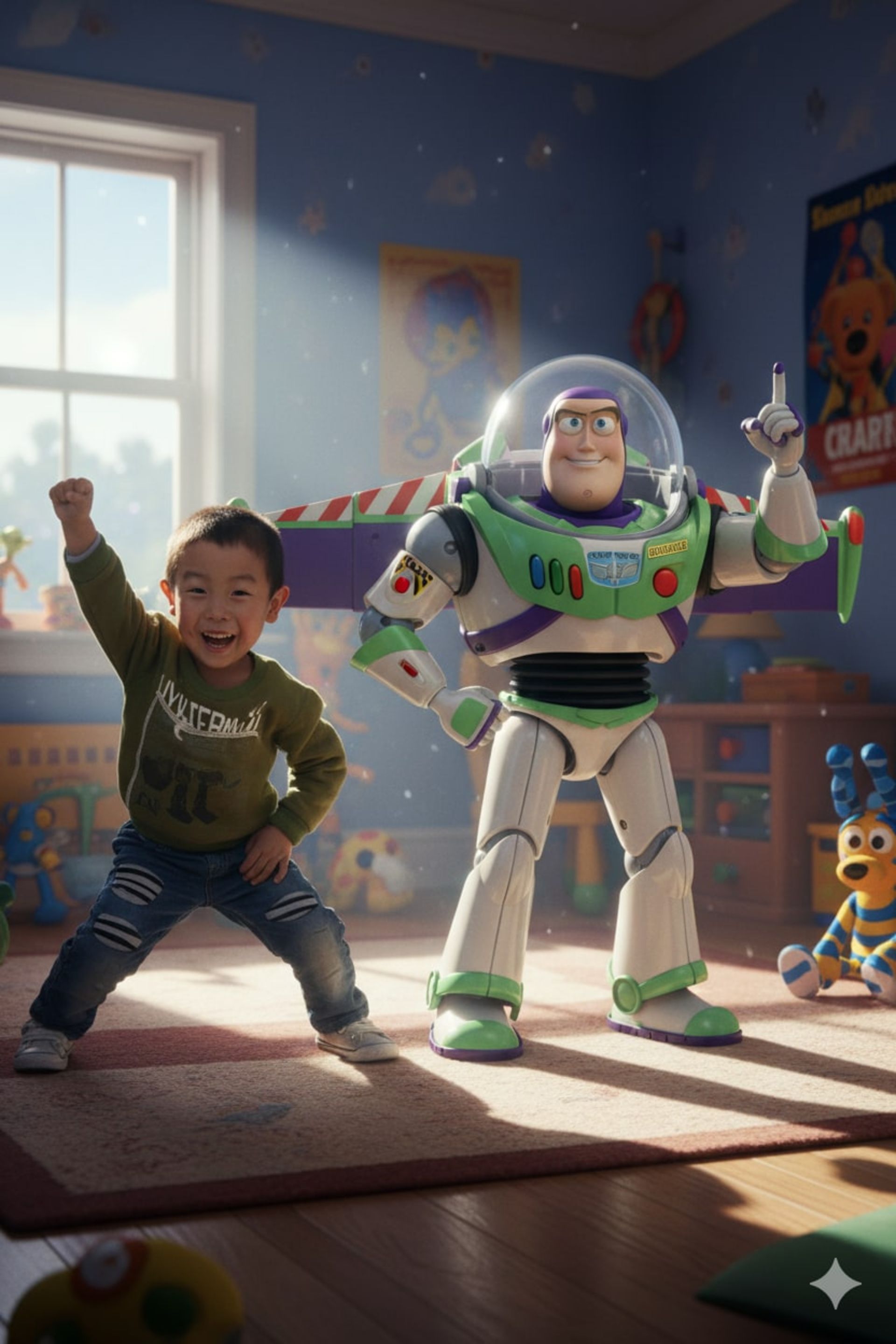  پسر بچه آسیایی شاد با لباس سبز در حال بالا بردن دست برای جشن گرفتن در کنار عروسک باز لایتیر در اتاق کودک با نور خورشید از پنجره.