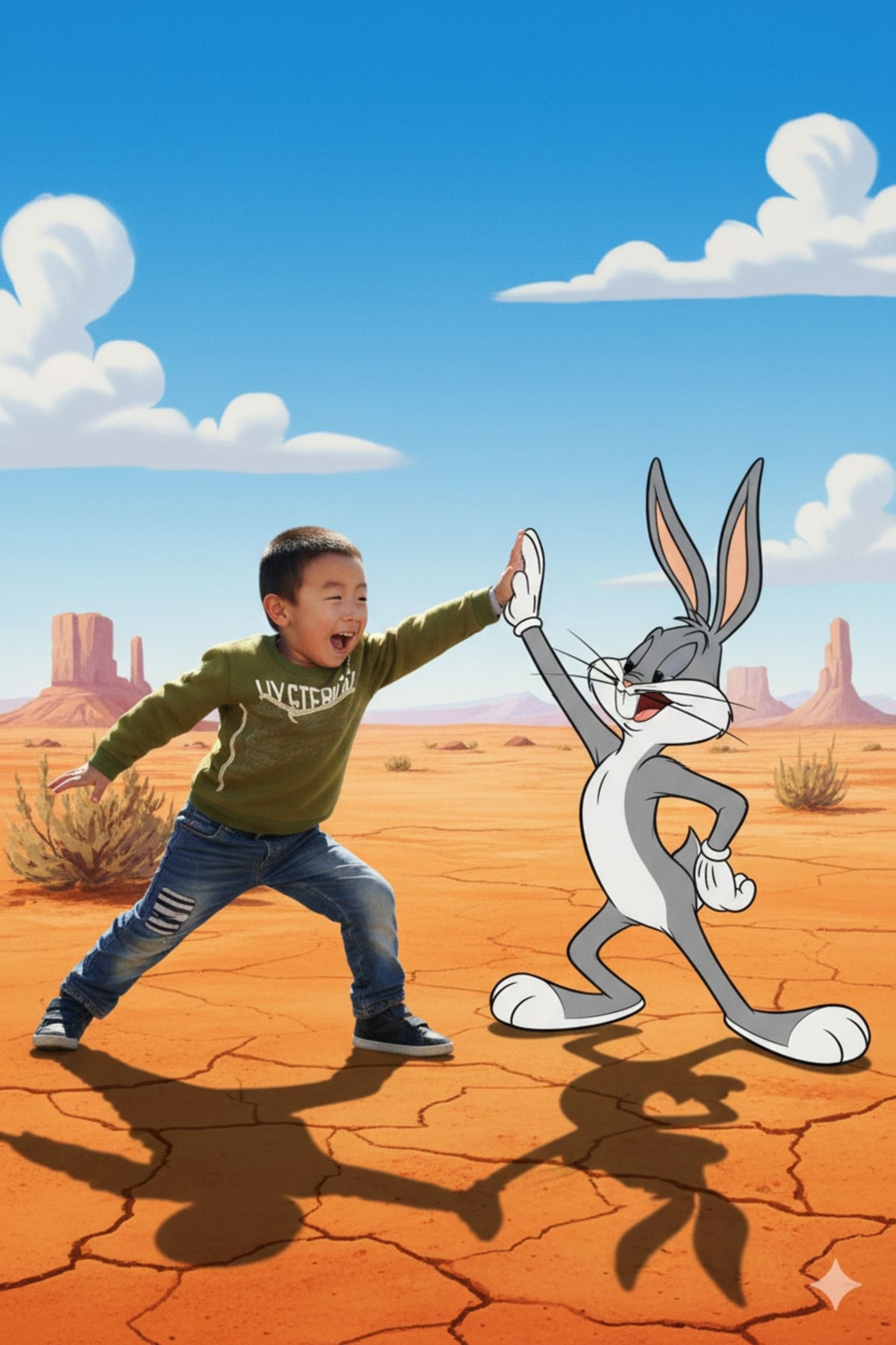 پسربچه آسیایی با لباس سبز در بیابان صخره‌ای با آسمان آبی، دستش را با خرگوش باگز بانی که در حال دست دادن و خندیدن است، به هم می‌زند