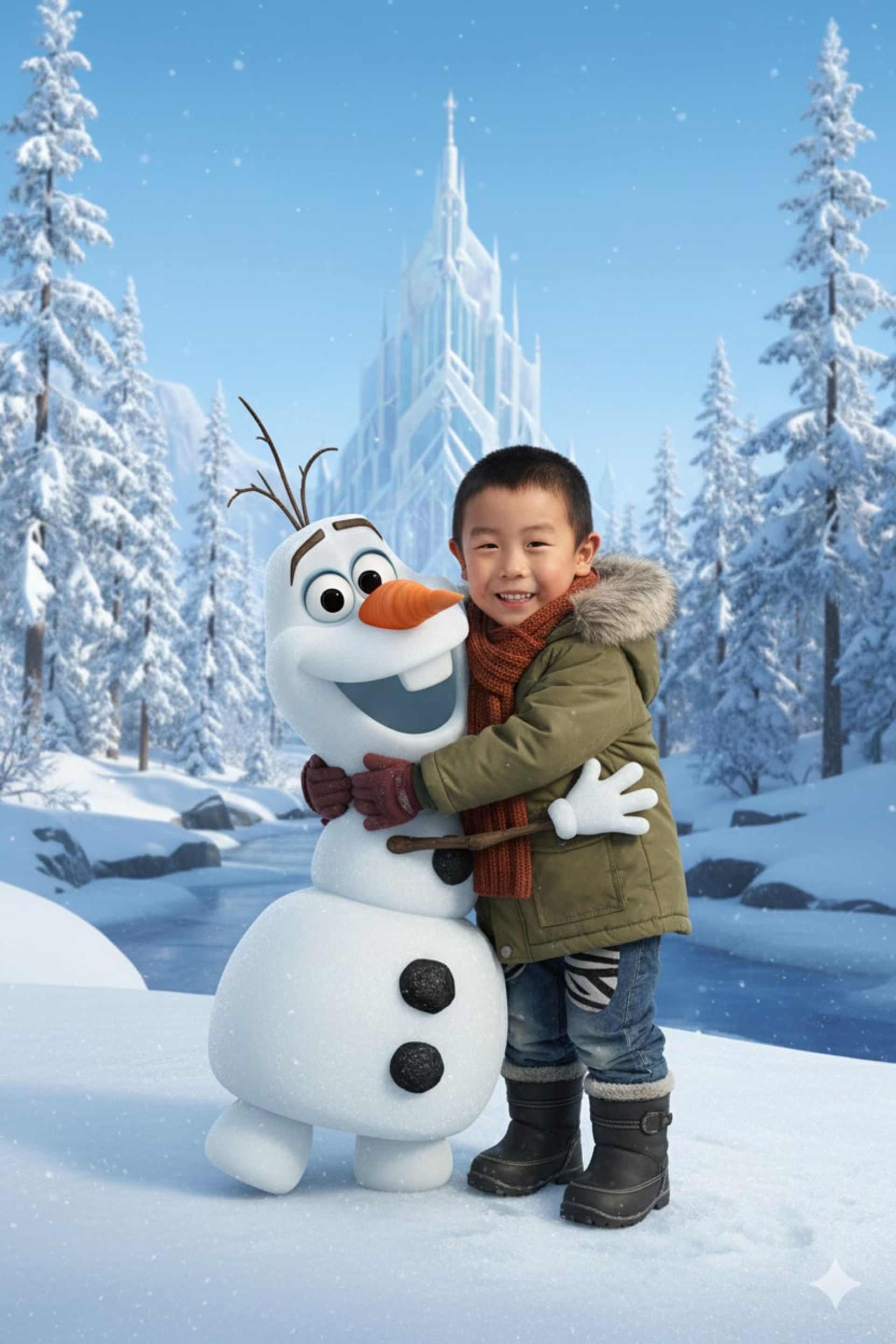 پسر کوچکی با کاپشن سبز و شال گردن در حال در آغوش گرفتن اولاف برفی در مقابل قلعه یخی در جنگل برفی.