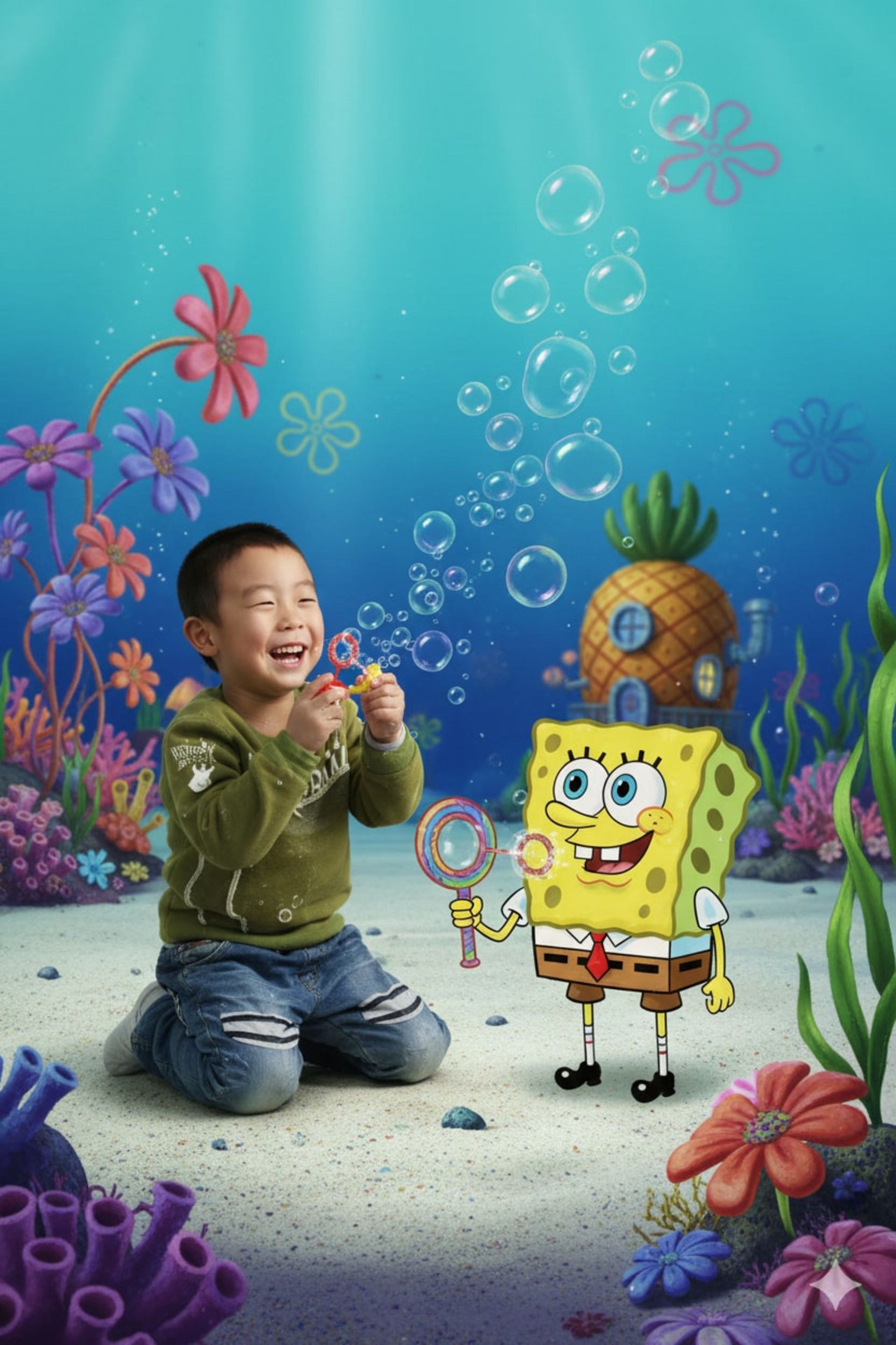  پسر خردسالی با لباس سبز در محیط زیرآبی در حال دمیدن حباب با حلقه و اسفنج‌باب در کنارش ایستاده است.
