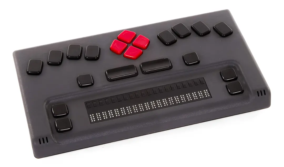 دستگاه نمایش بریل (Braille Display) با دکمه‌های سیاه و قرمز برای نابینایان