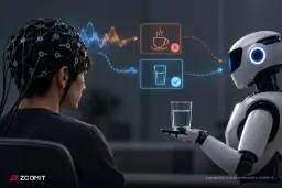 مغز انسان با کلاه EEG در حال انتقال سیگنال به ربات هوشمند