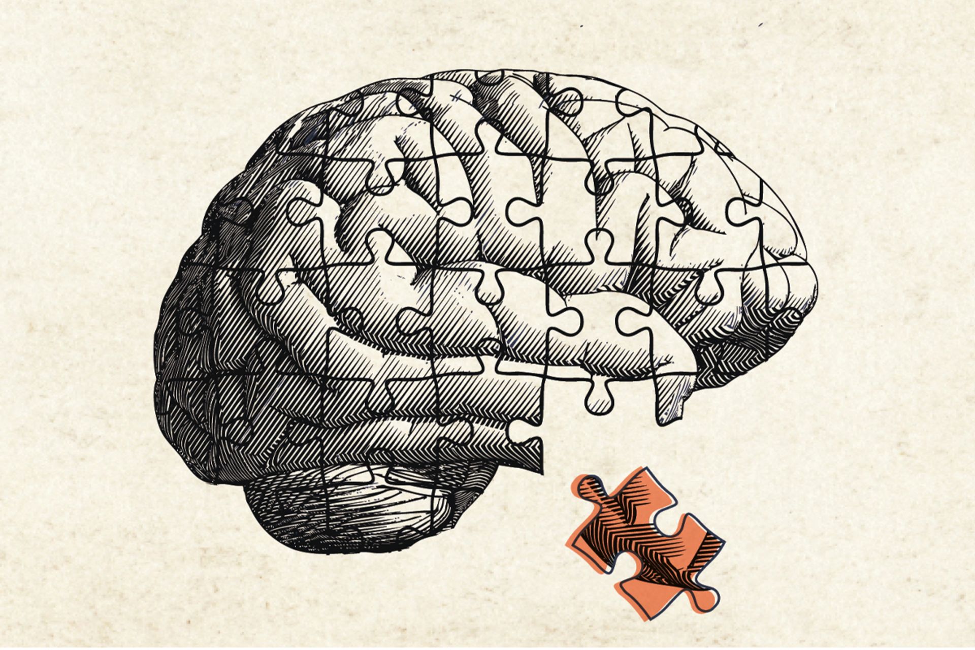 تصویری از یک مغز طراحی‌شده به شکل پازل. بخشی از پازل از مغز جدا شده و در حال افتادن است، نمادی از از دست دادن حافظه و بیماری آلزایمر