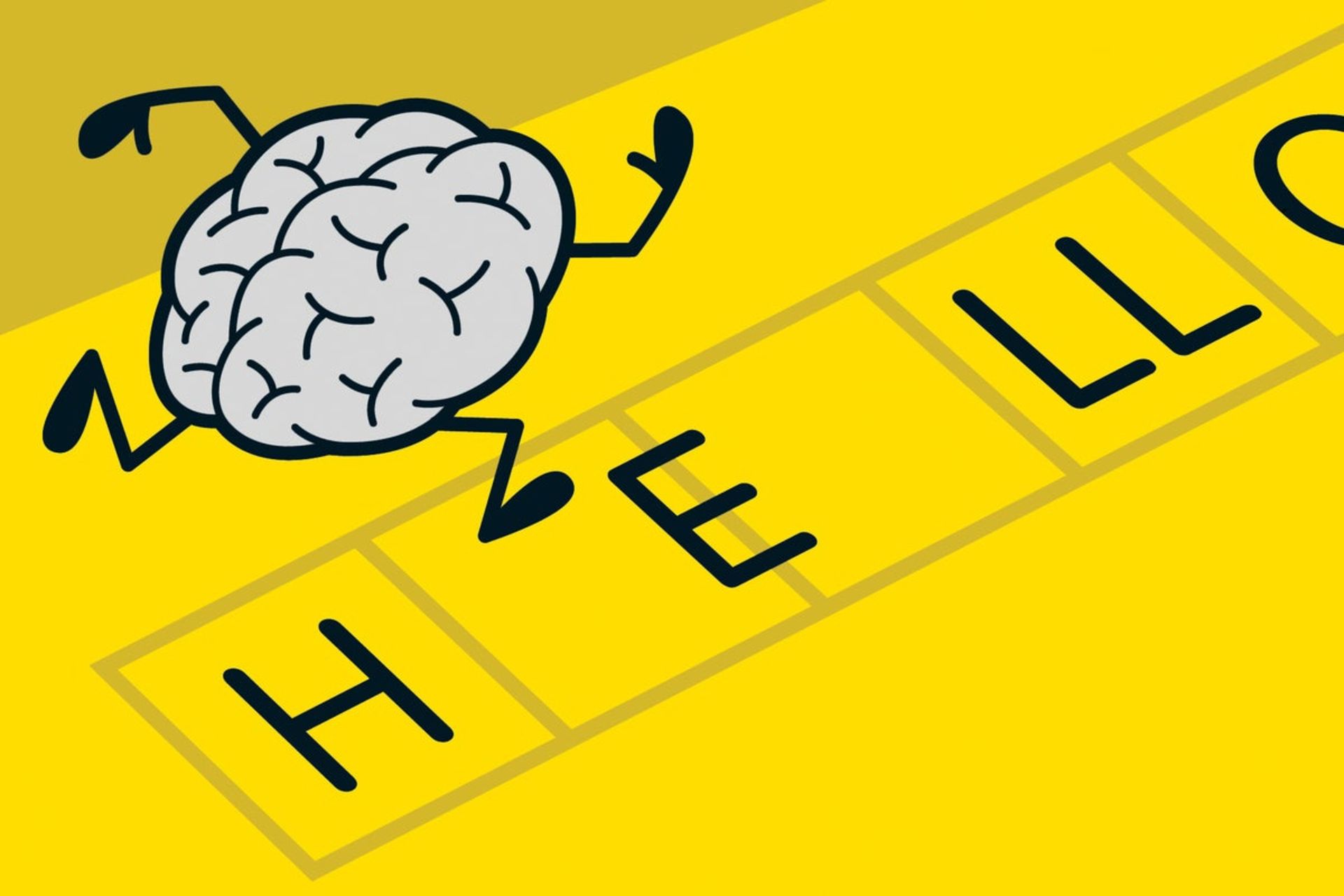 تصویرسازی مغز در حال دویدن روی حروف انگلیسی با پس زمینه زرد.