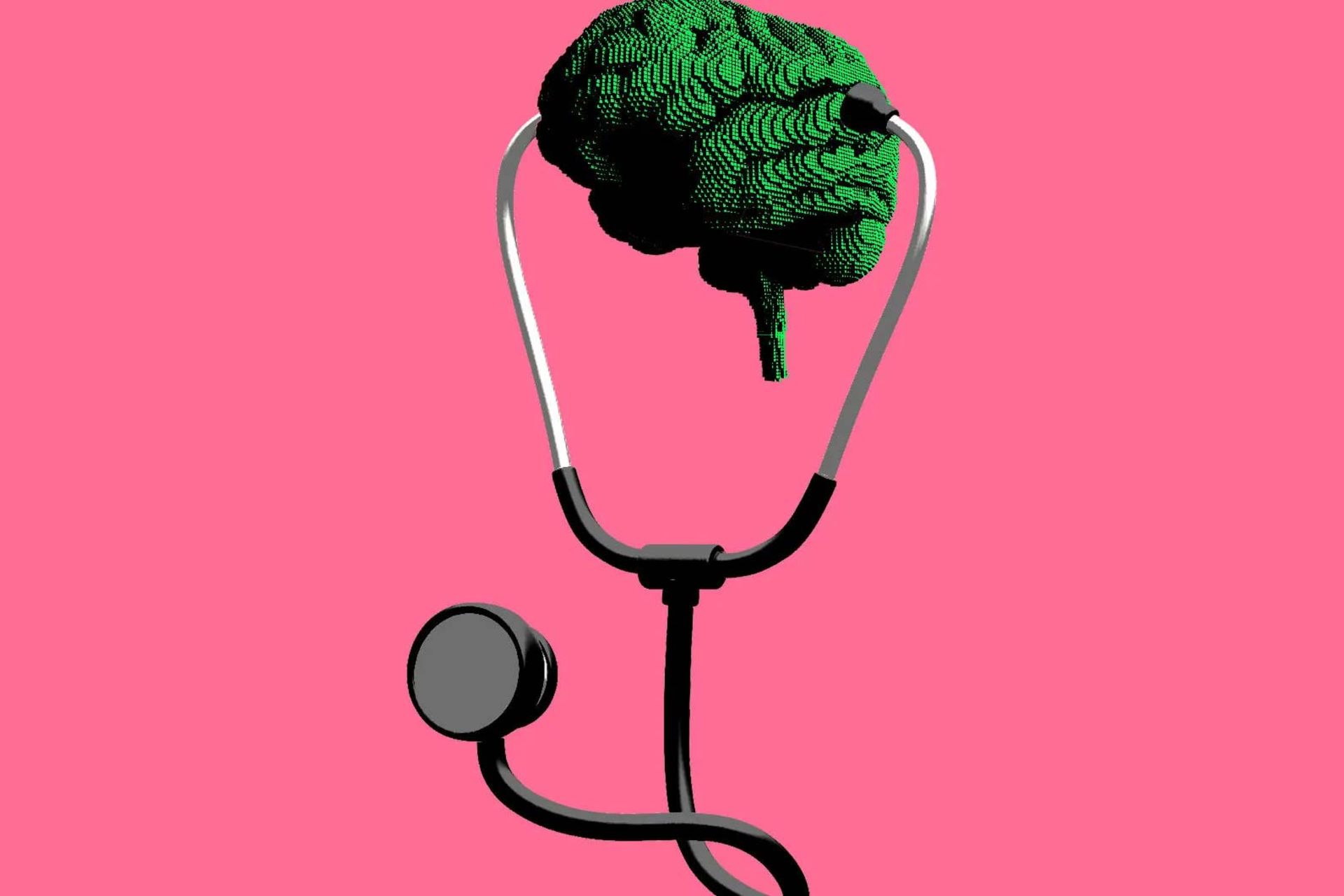 تصویرسازی از گوشی پزشکی روی مغز انسان در پس‌زمینه صورتی