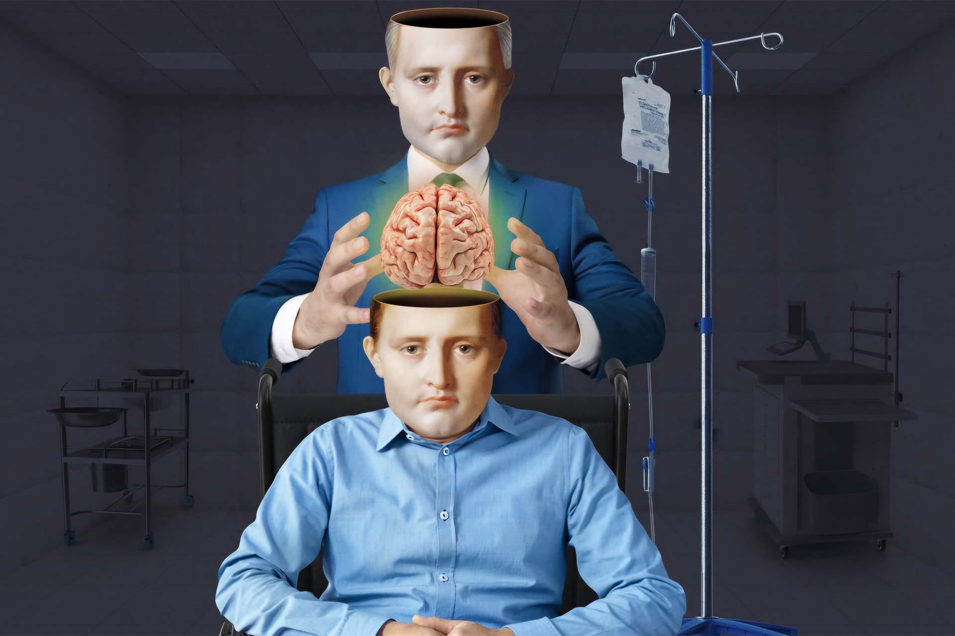 تصویرسازی از فردی که مغزش را درون جمجمه کلون خودش می‌گذارد