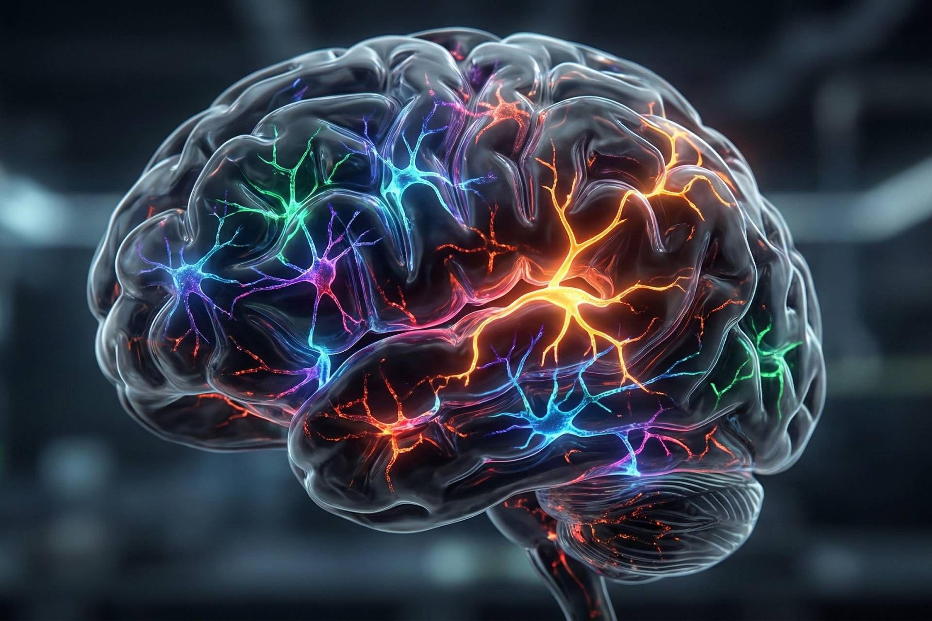 تصویرسازی نورون‌های شاخه‌دار رنگارنگ و درخشان نئونی درون یک شکل مفهومی و تیره به شکل مغز.