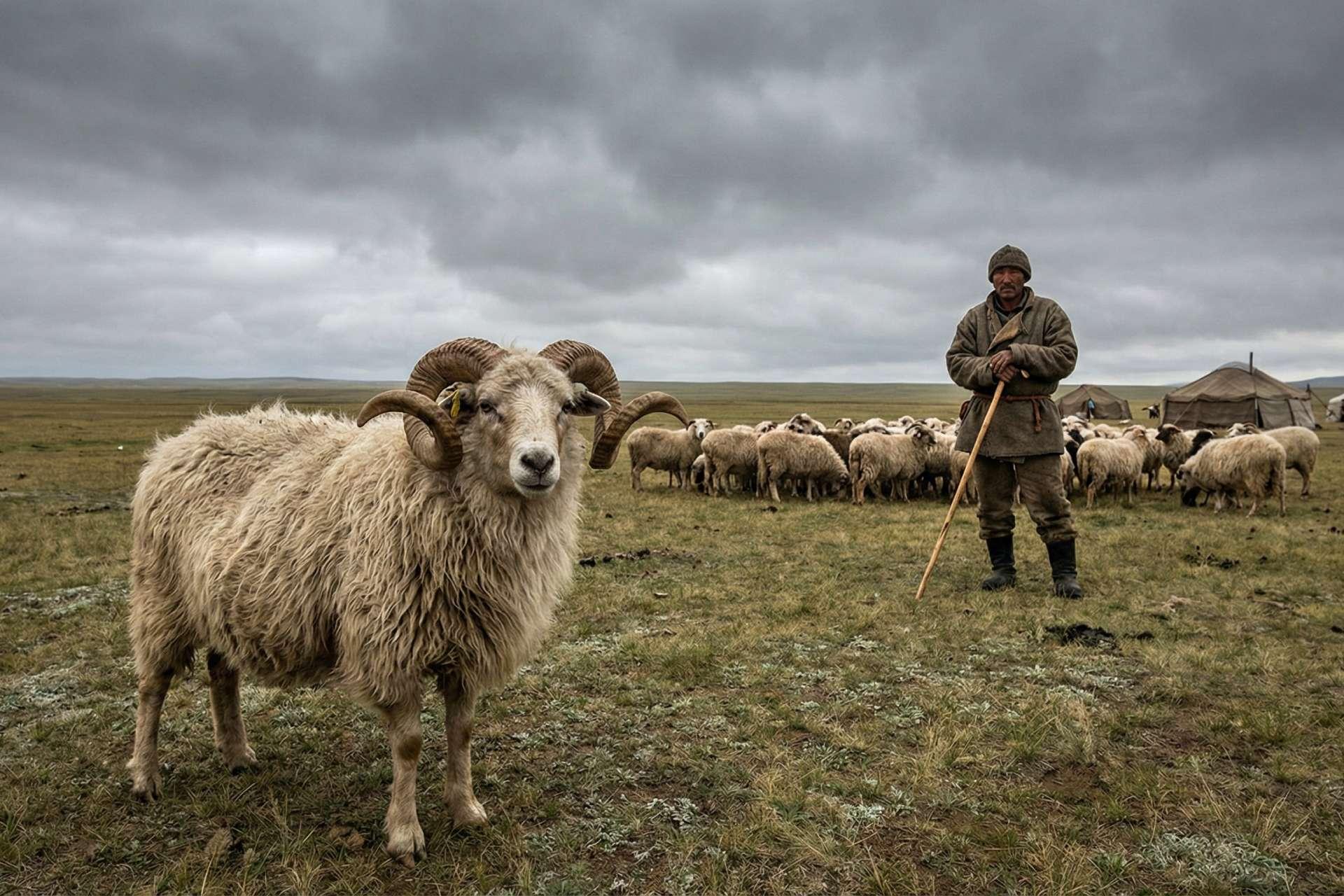 تصویرسازی چوپان عصر برنز که در حال مراقبت از گله گوسفندانی با ظاهری بدوی در استپ وسیع اوراسیا است.