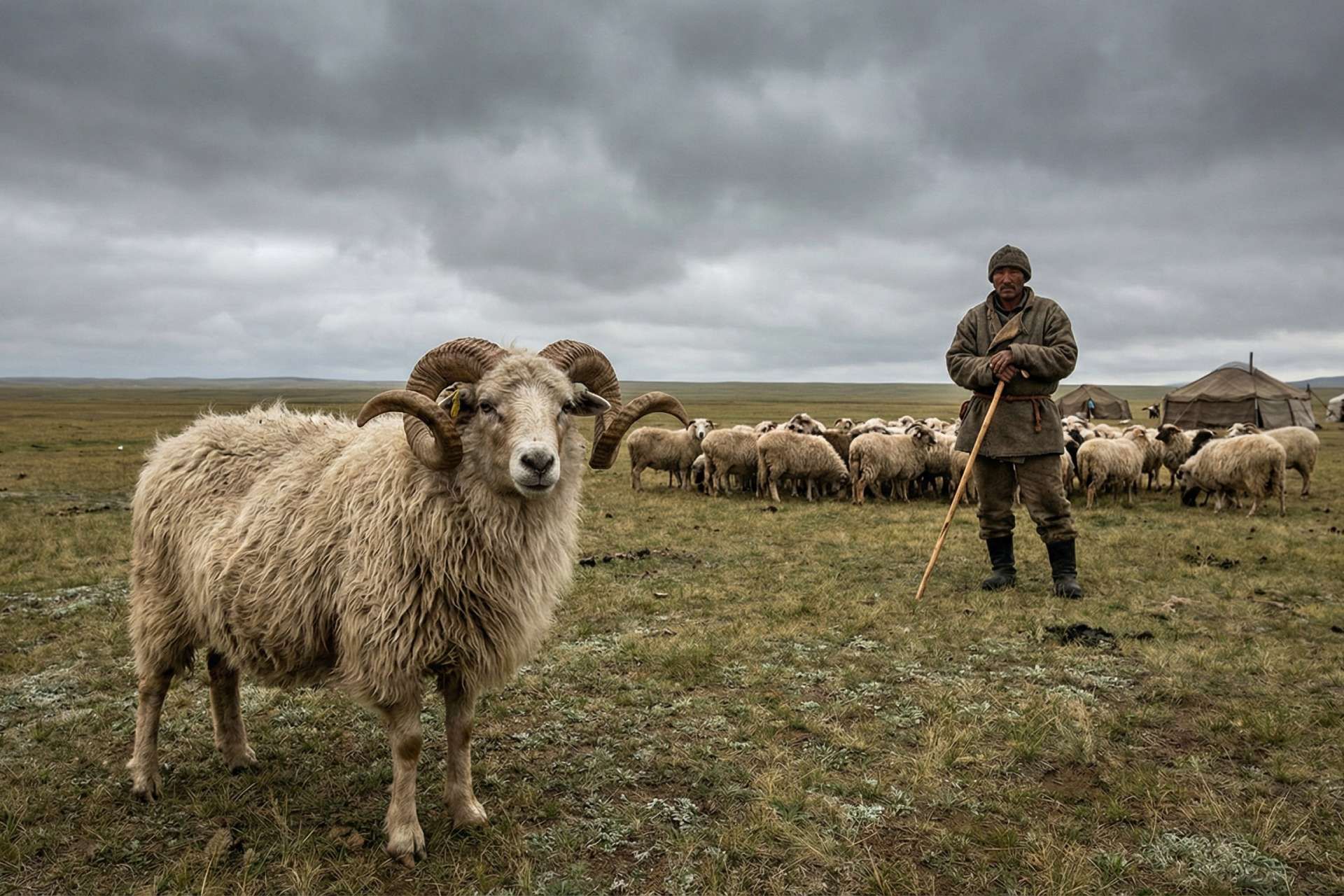 تصویرسازی چوپان عصر برنز که در حال مراقبت از گله گوسفندانی با ظاهری بدوی در استپ وسیع اوراسیا است.