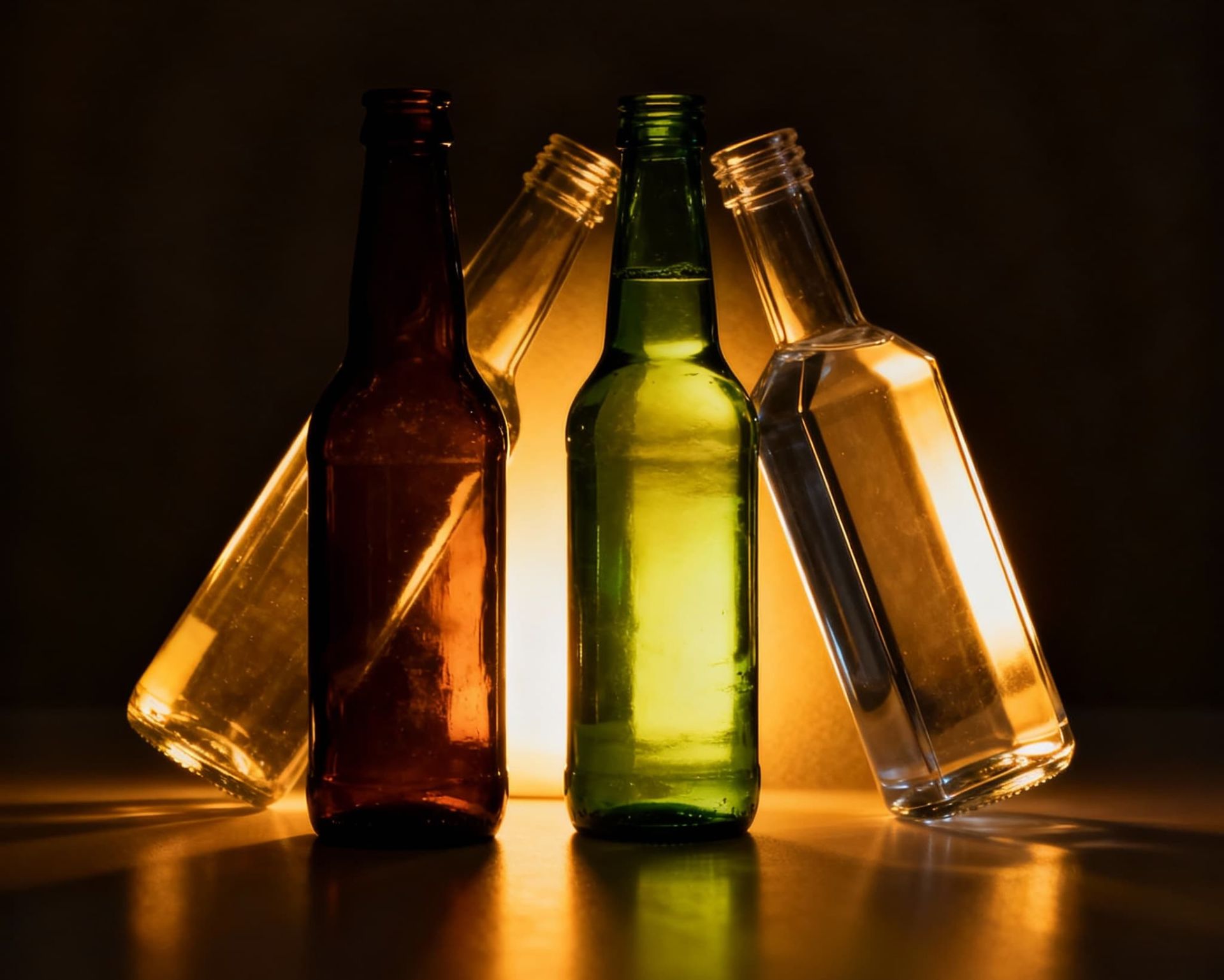 طرح هوش مصنوعی از شیشه‌های قهوه‌ای سبز و شفاف کنار هم