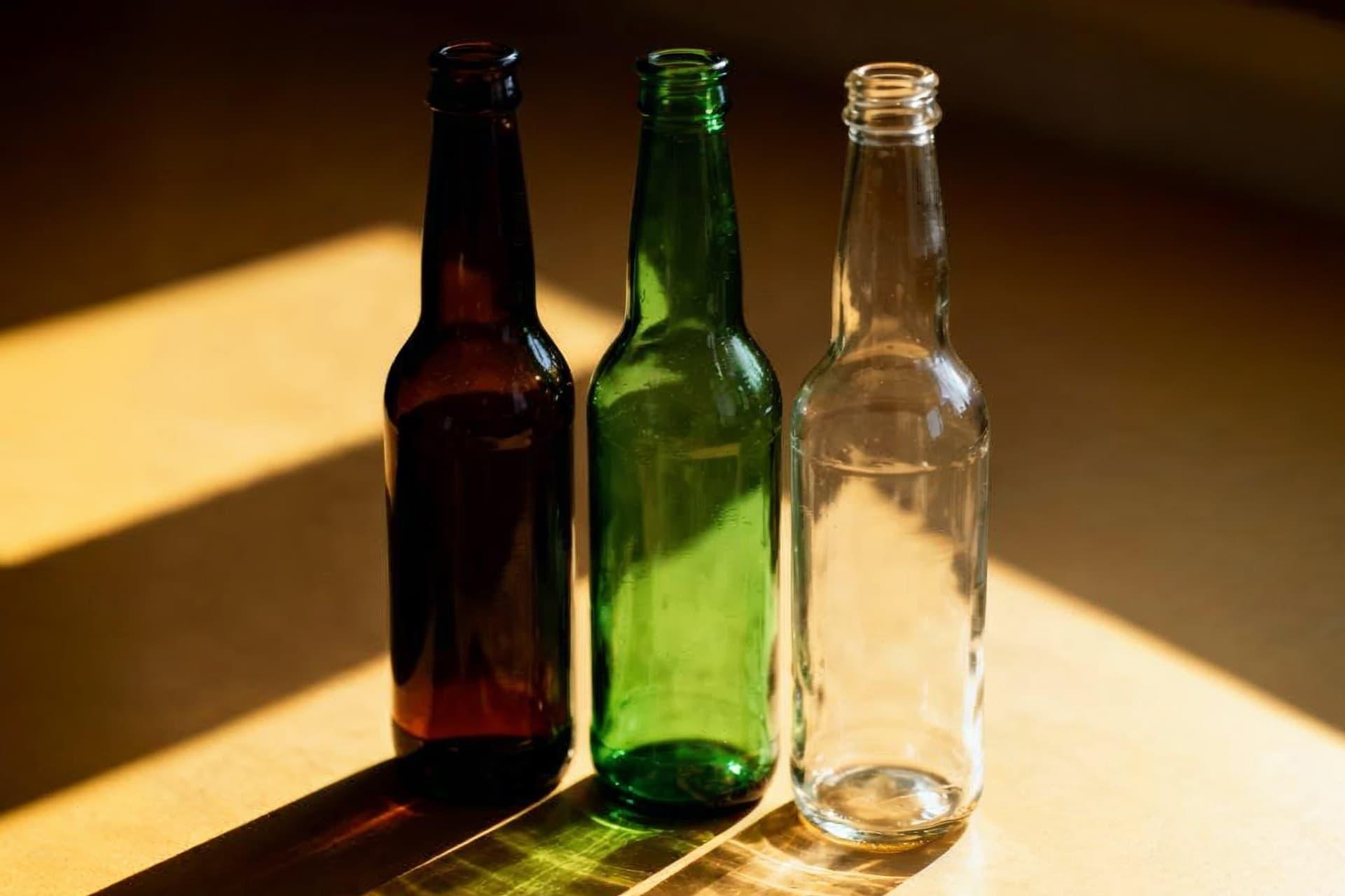 سه بطری قهوه‌ای، سبز و شفاف کنار هم زیر نور آفتاب