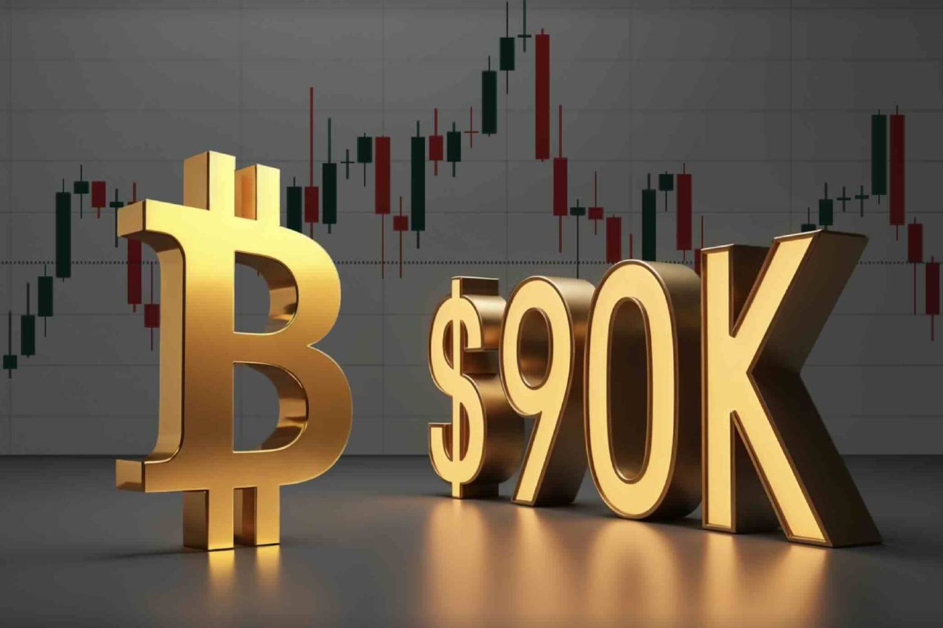 نماد بیت کوین درکنار چارت با عدد ۹۰ هزار دلار