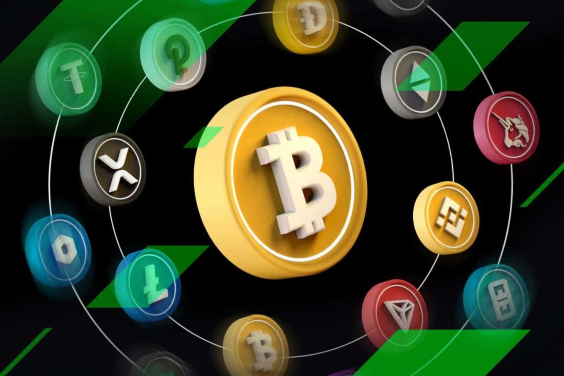 لوگو بیت کوین و آلت کوین ها دور آن با زمینه مشکی