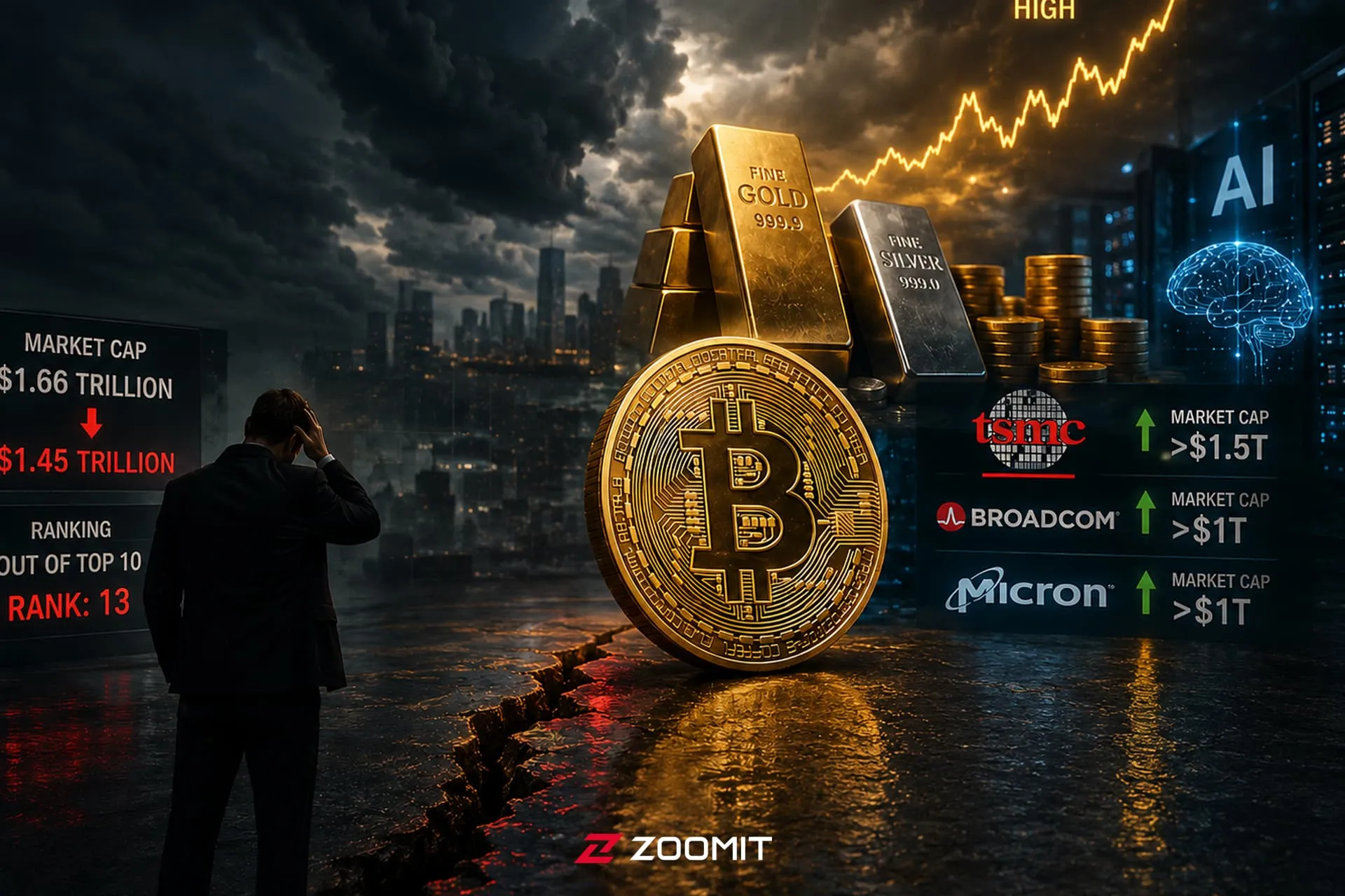 طرح گرافیکی سقوط قیمت بیت کوین مرد تریدر ناراحت و آسمان تاریک