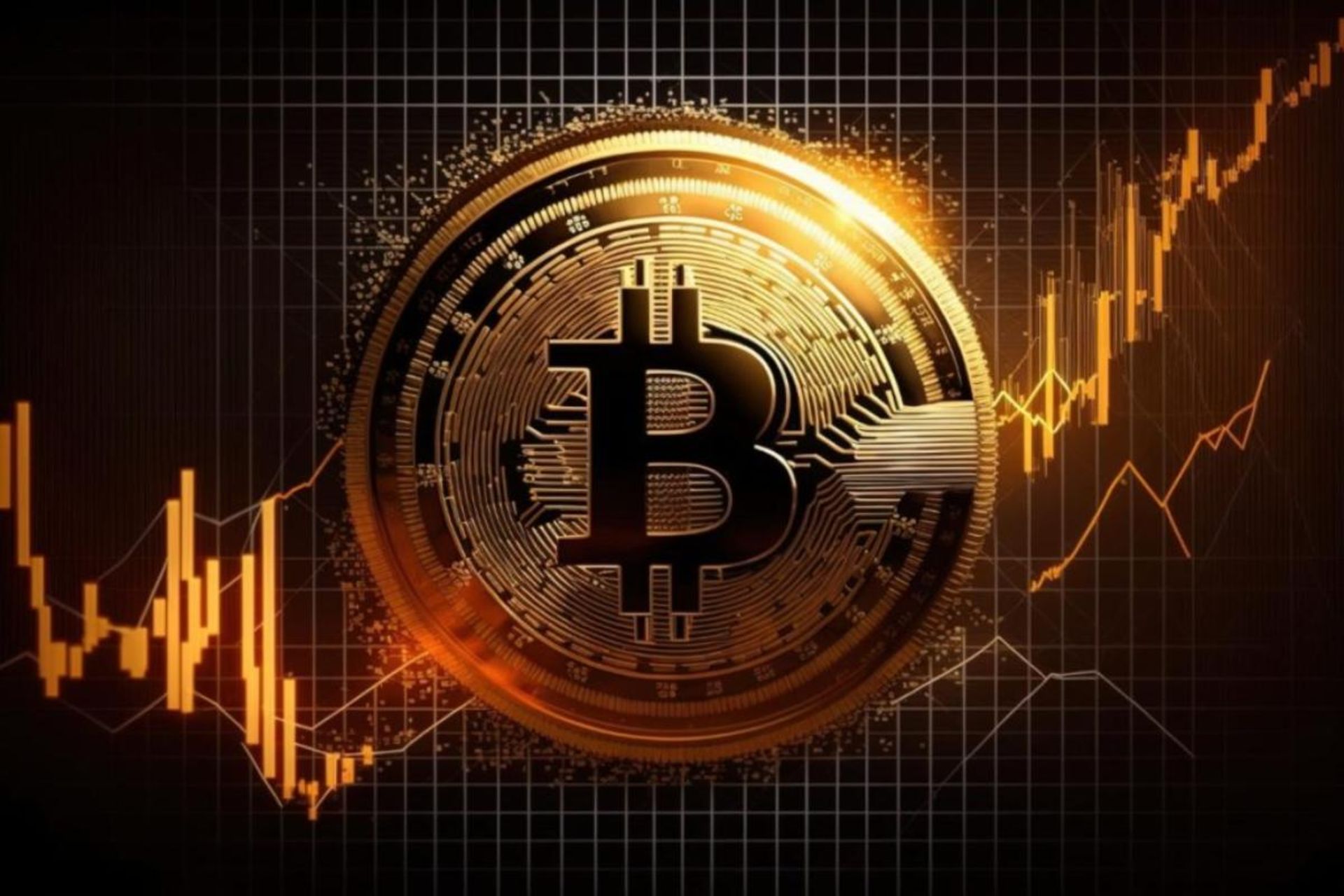 بیت کوین زرد رنگ با پس زمینه چارت در حال افزایش قیمت