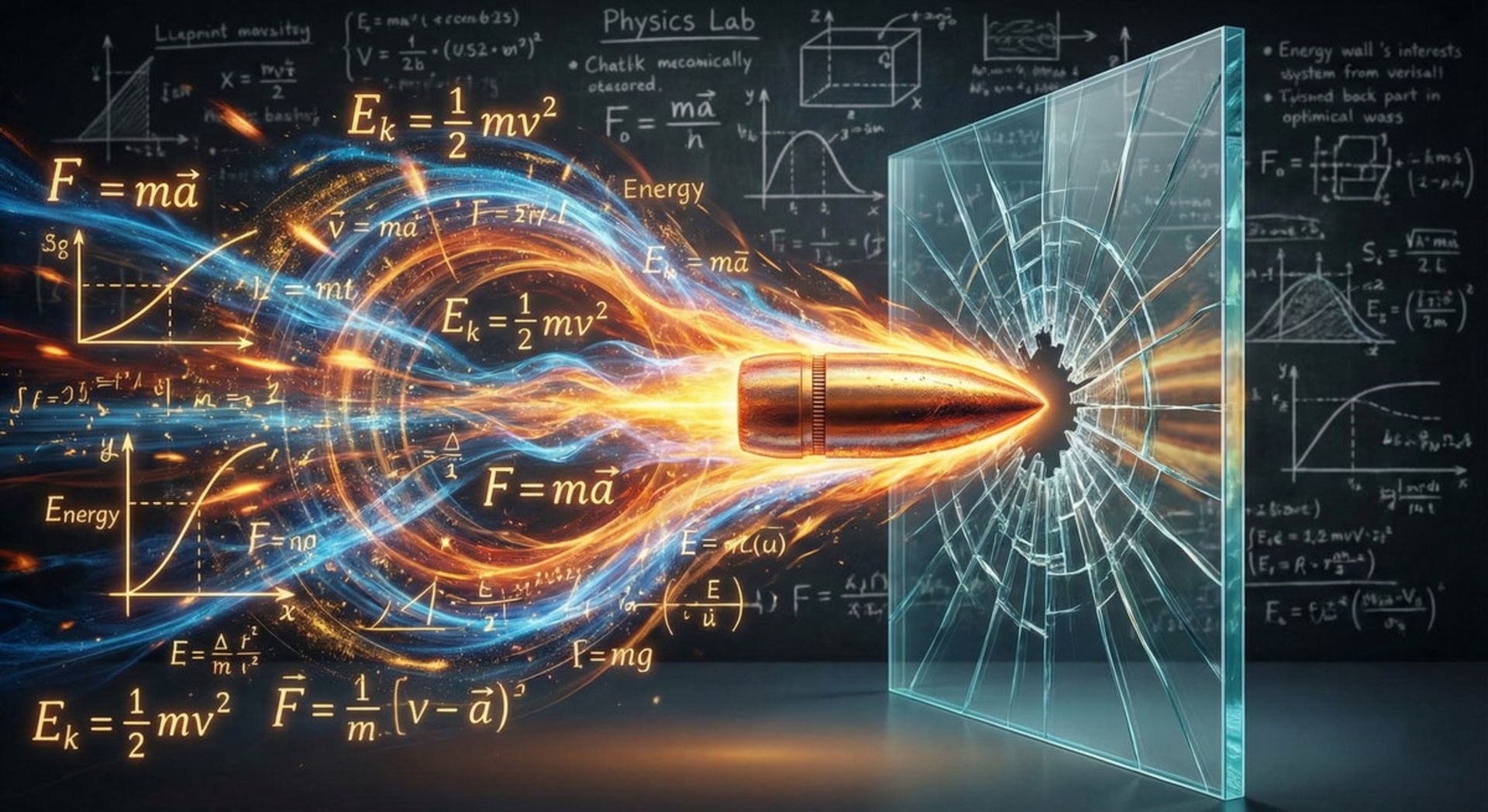 فرمول انرژی جبشی گلوله (تصویر گرافیکی یک گلوله در برخورد به شیشه و چند فرمول)