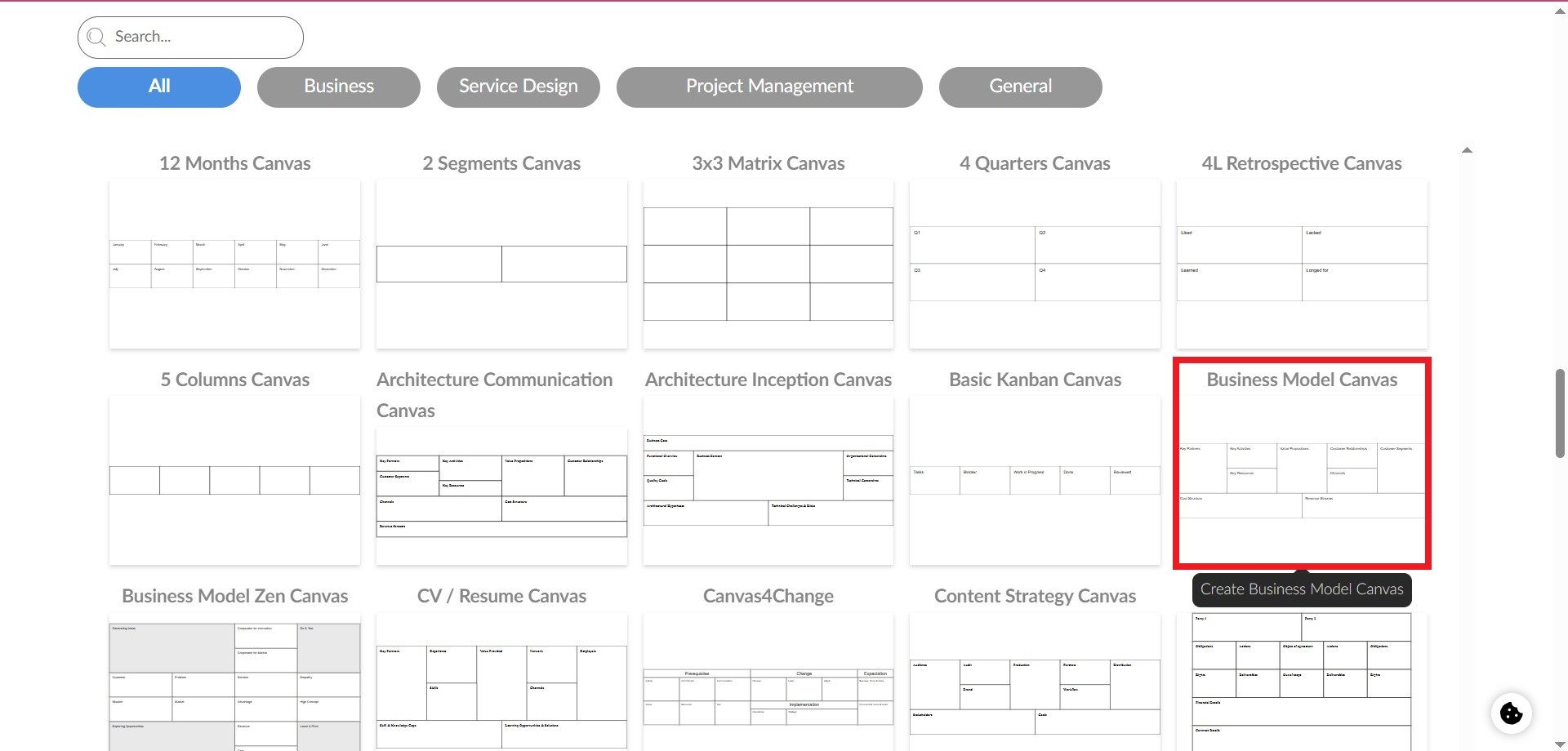 گزینه‌ی business model canvas در canvanizer
