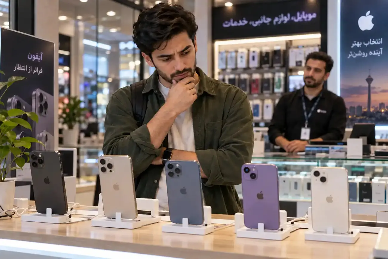 گوشی‌های آیفون (iPhone) چیده شده روی میز در یک فروشگاه موبایل