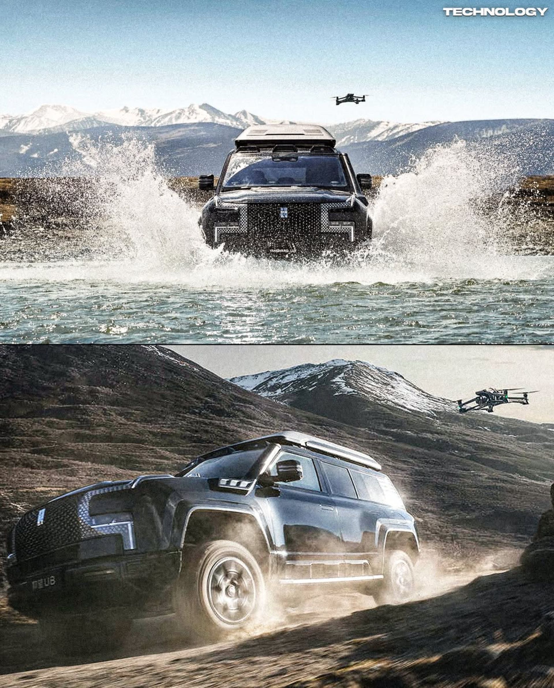 نمای جلو خودرو بی‌وای‌دی یانگ‌وانگ U8 در آب و در جاده