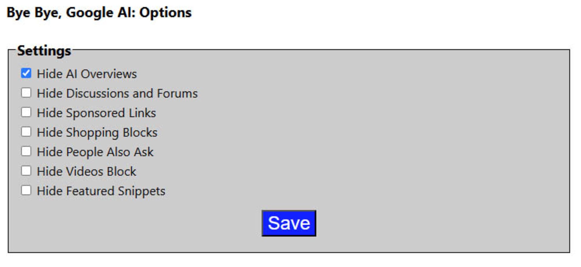 تنظیمات افزونه‌ی Bye Bye Google AI برای غیرفعال کردن AI Overviews