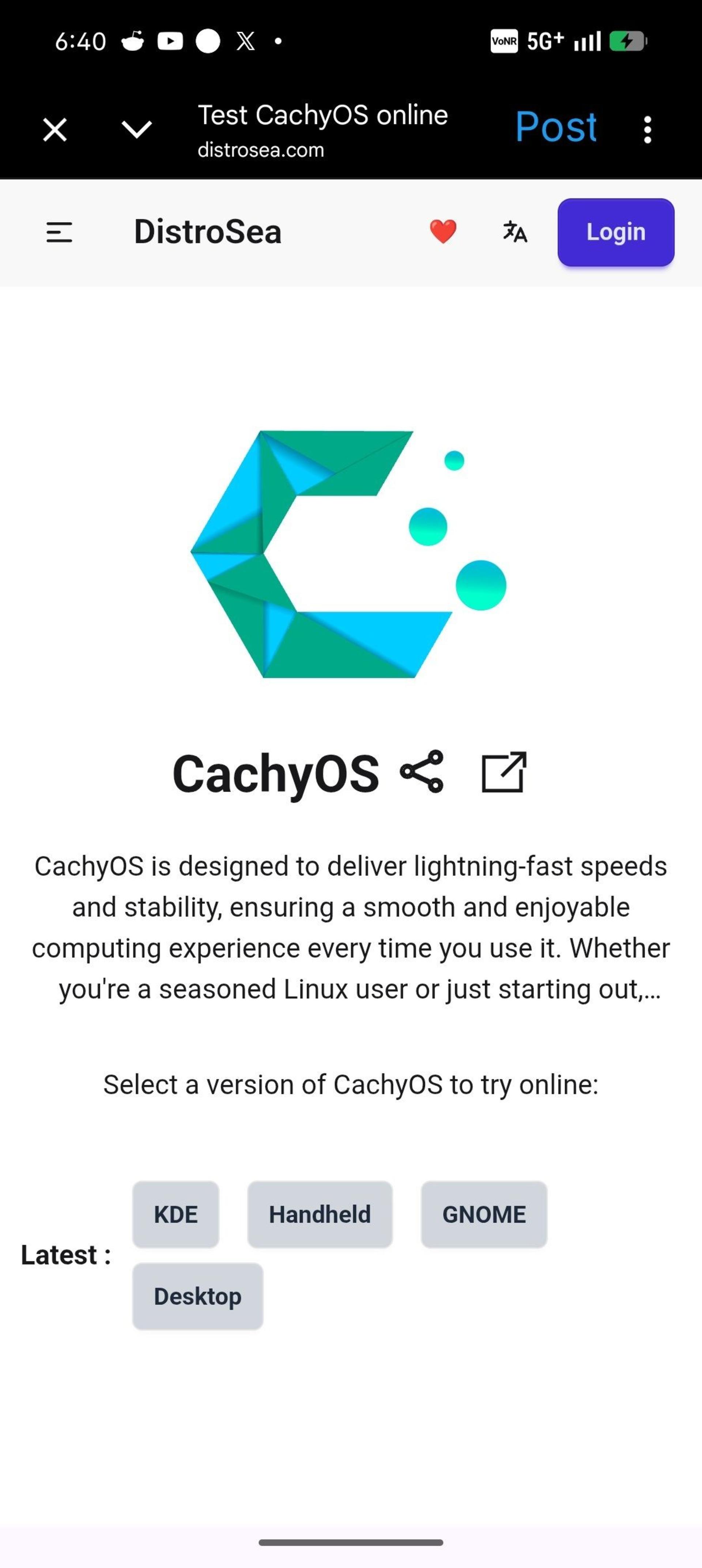 نمای وب‌سایت DistroSea برای تست آنلاین سیستم عامل CachyOS با لوگوی آبی و سبز