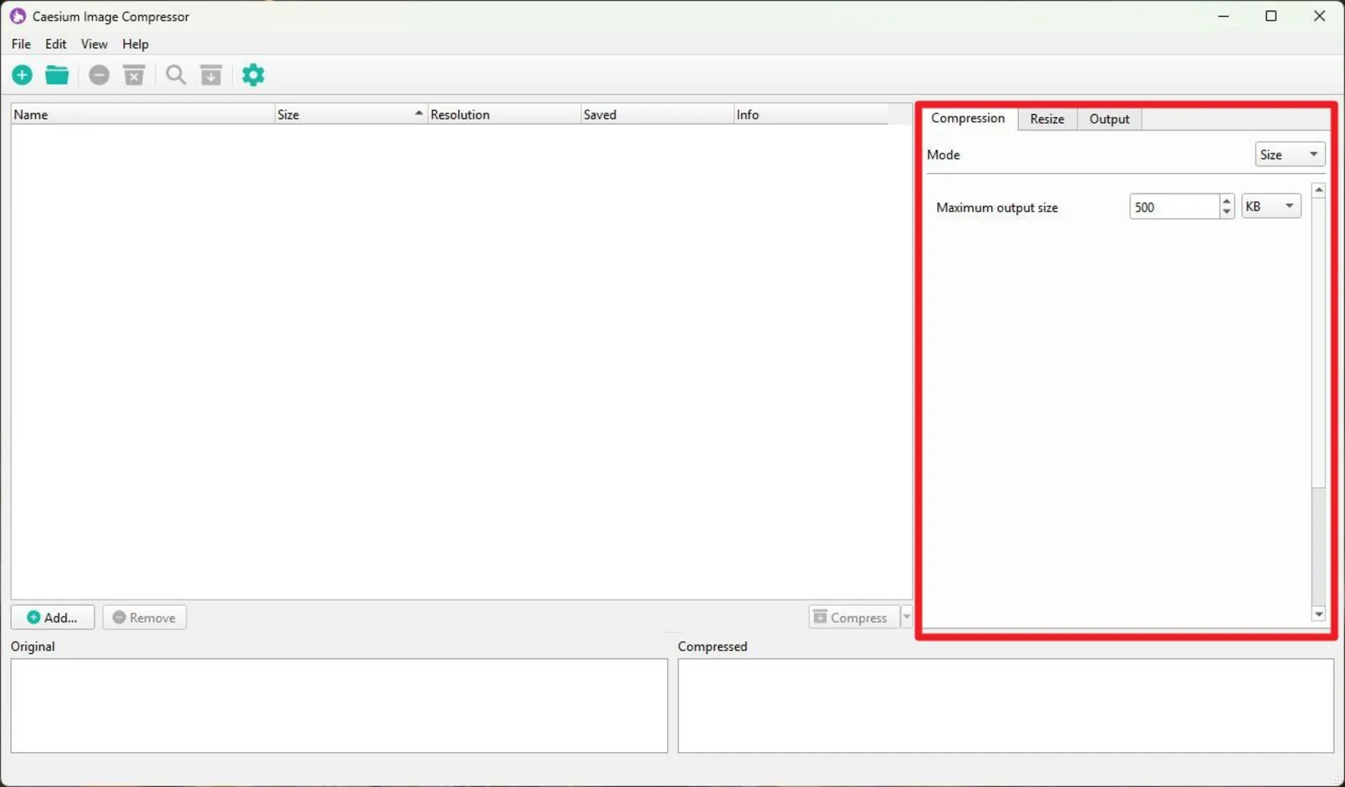نمای خالی رابط کاربری نرم‌افزار Caesium Image Compressor که لیست فایل‌ها در وسط، گزینه‌های فشرده‌سازی در ستون راست و دکمه‌های افزودن و فشرده‌سازی در پایین
