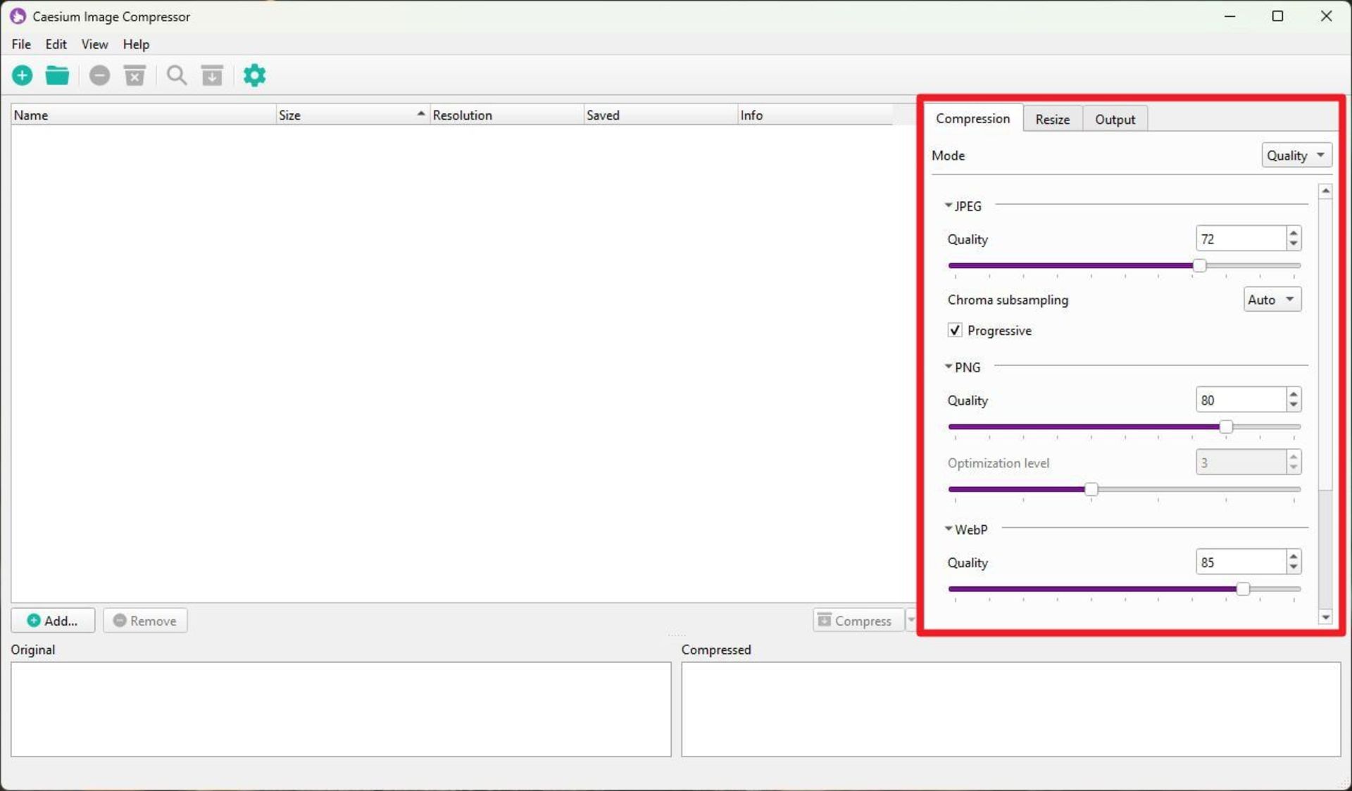 رابط کاربری نرم‌افزار Caesium Image Compressor که یک لیست خالی برای افزودن تصاویر در سمت چپ و پنل تنظیمات فشرده‌سازی JPEG، PNG و WebP با نوارهای لغزنده کیفیت در سمت راست