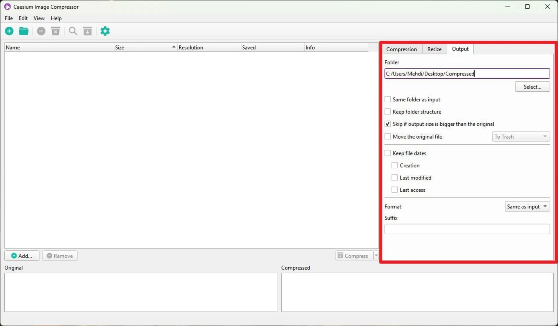   رابط کاربری نرم‌افزار Caesium Image Compressor در ویندوز که لیست فایل‌ها خالی است و در پنل خروجی، مسیر پوشه مقصد برای ذخیره تصاویر فشرده در بالای گزینه‌های تنظیمات مشخص شده 