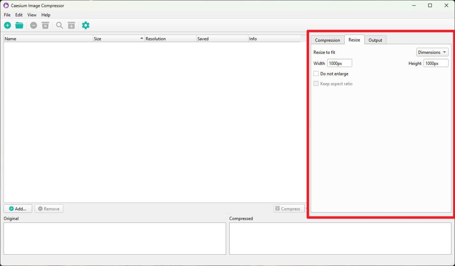 نمایی از رابط کاربری نرم‌افزار Caesium Image Compressor که بخش فهرست تصاویر خالی و تنظیمات تغییر اندازه در سمت راست با گزینه‌های عرض و ارتفاع ۱۰۰۰ پیکسل را نشان می‌دهد.