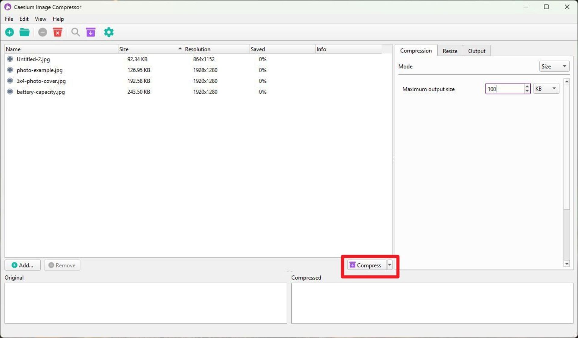 رابط کاربری نرم‌افزار Caesium Image Compressor نشان می‌دهد چند تصویر برای فشرده‌سازی فهرست شده‌اند و در پنل سمت راست حداکثر اندازه خروجی روی ۱۰۰ کیلوبایت تنظیم شده است.